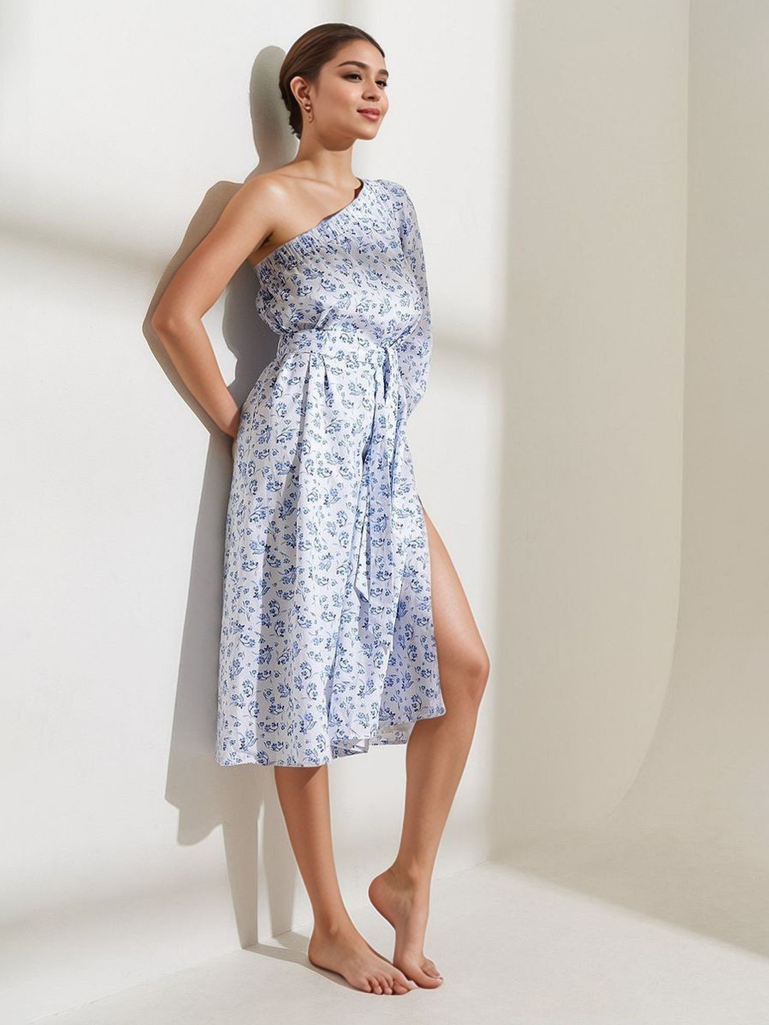 ChicFlick  Women Floral Print One Shoulder Puff Sleeve A-Line Maxi Dress