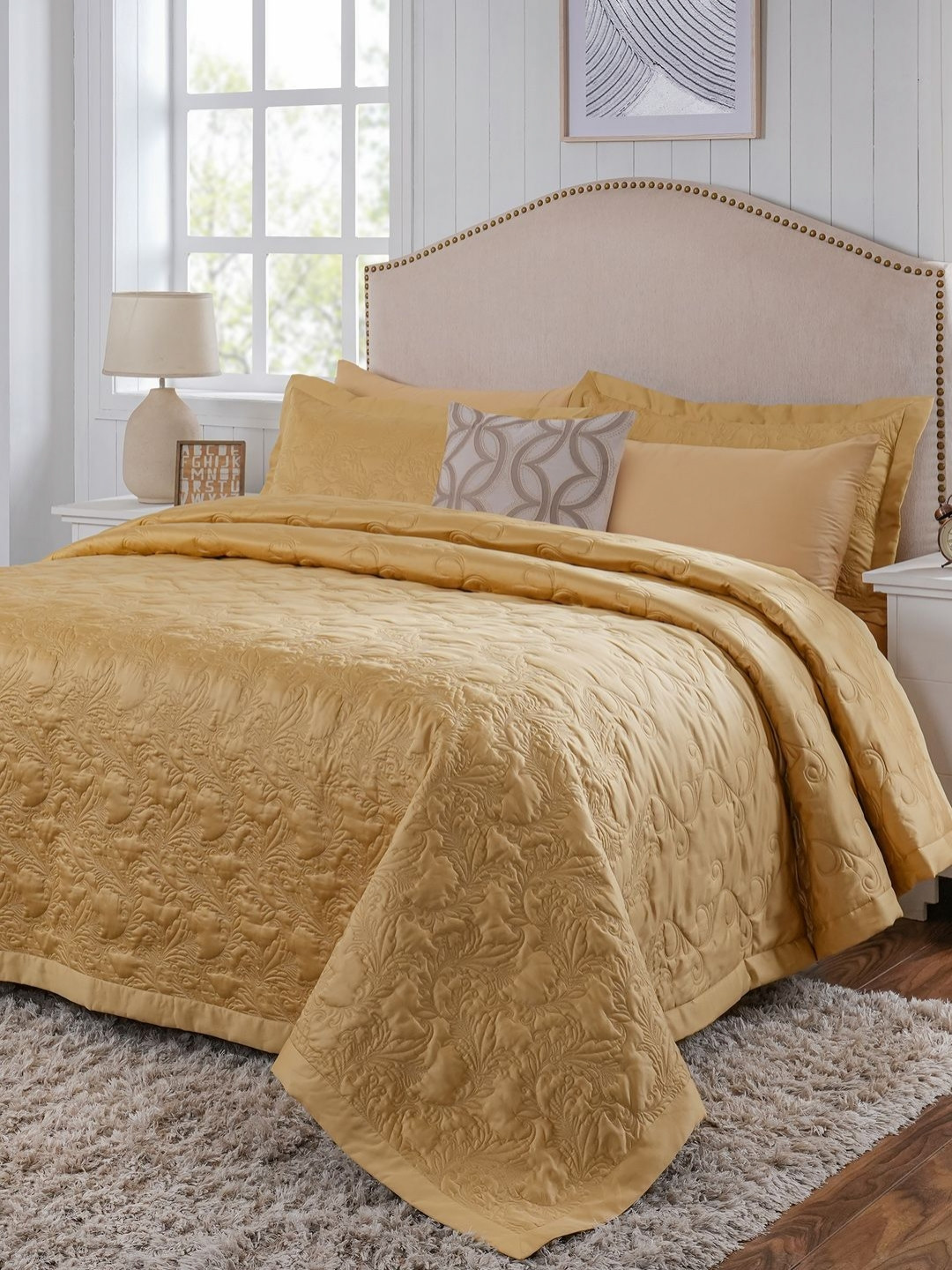 MASPAR Gold-Toned 8 Pieces Cotton Double Queen Regular Bedding Set