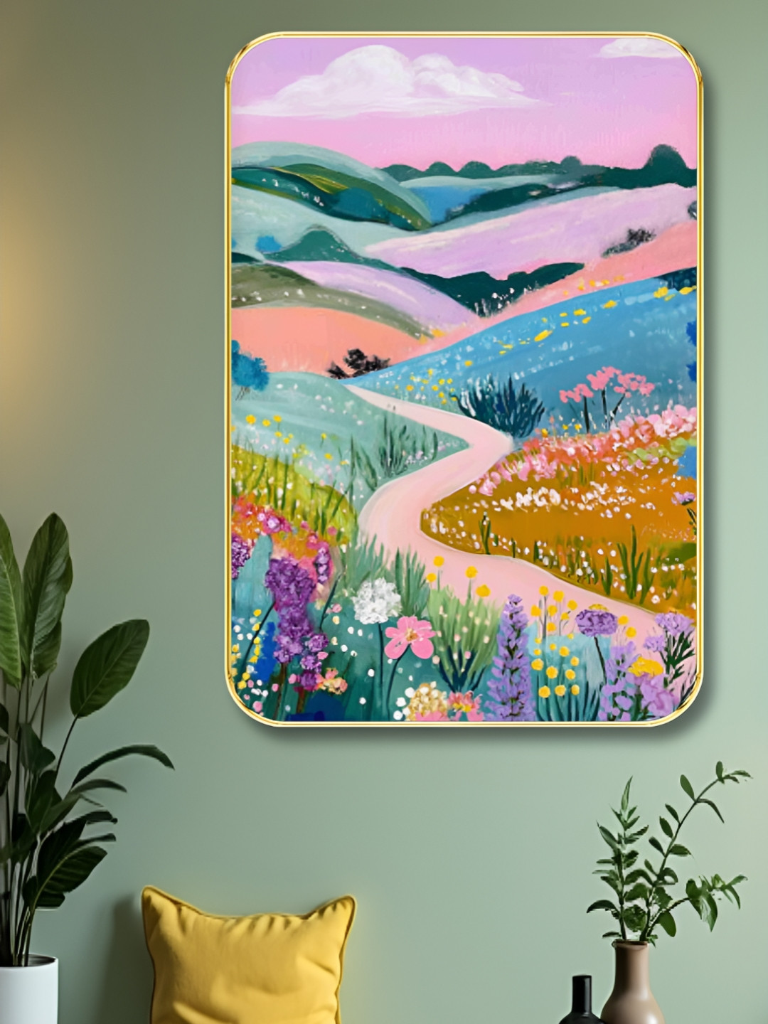 Myntra Elegant Homes Pink & Orange River Printed Wooden Wall Art