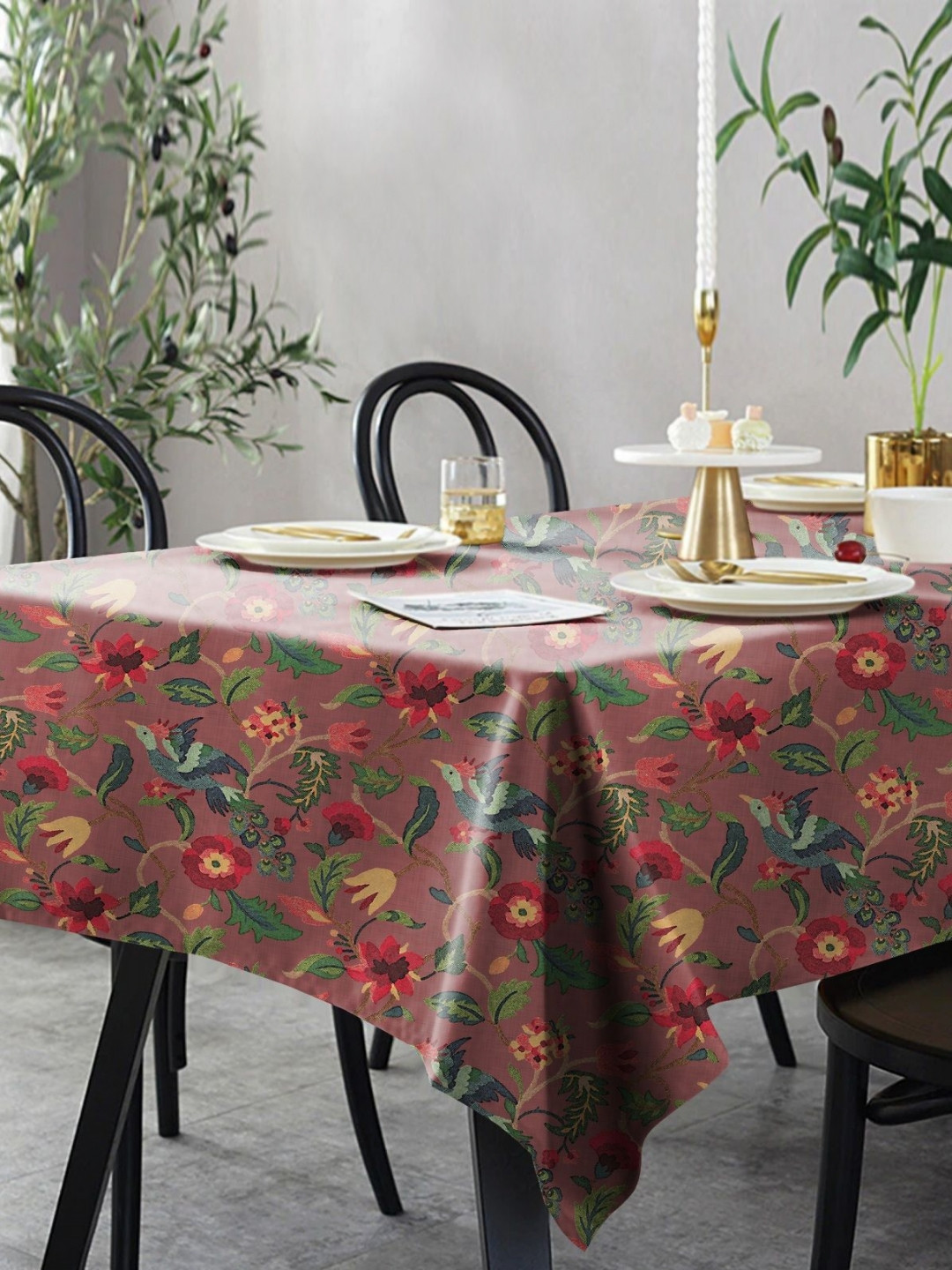 CASABLEU Premium Cabal Pink Floral Printed Rectangle 6-Seater Table Covers