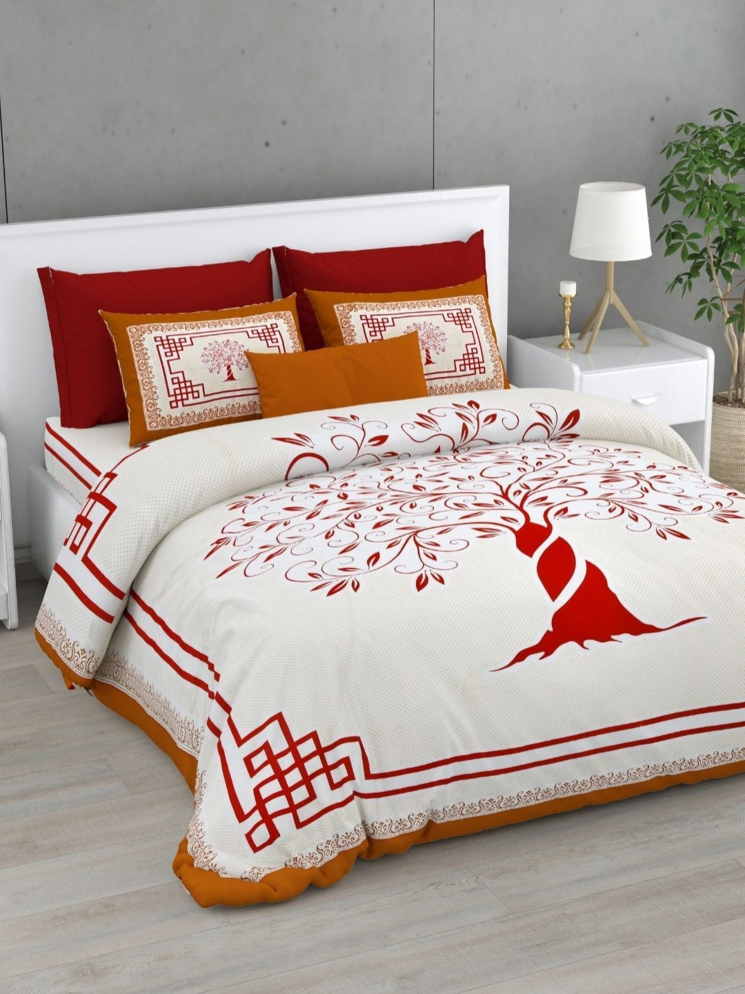 JAIPUR FABRIC Timeless Sanganeri Mustard Ethnic Motifs Cotton 240 TC King Superfine Bedsheet with 2 Pillow Covers-100 x 108 inches