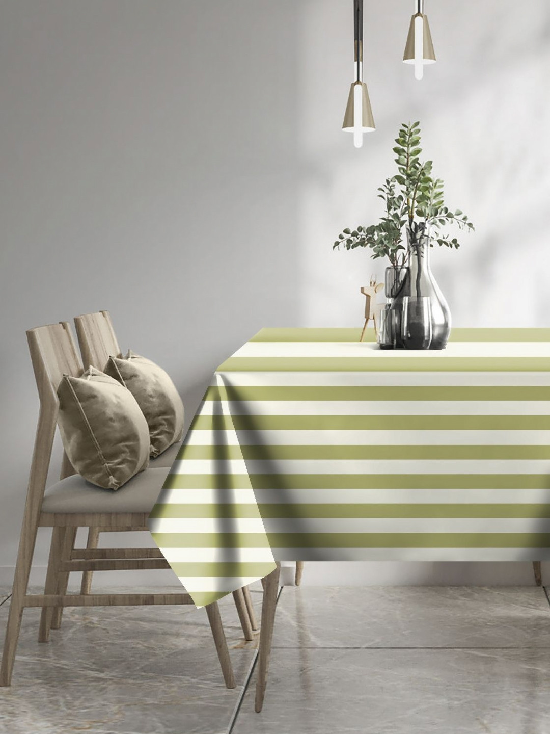 CASABLEU Premium Spring Green Striped Printed Rectangle 6-Seater Table Covers