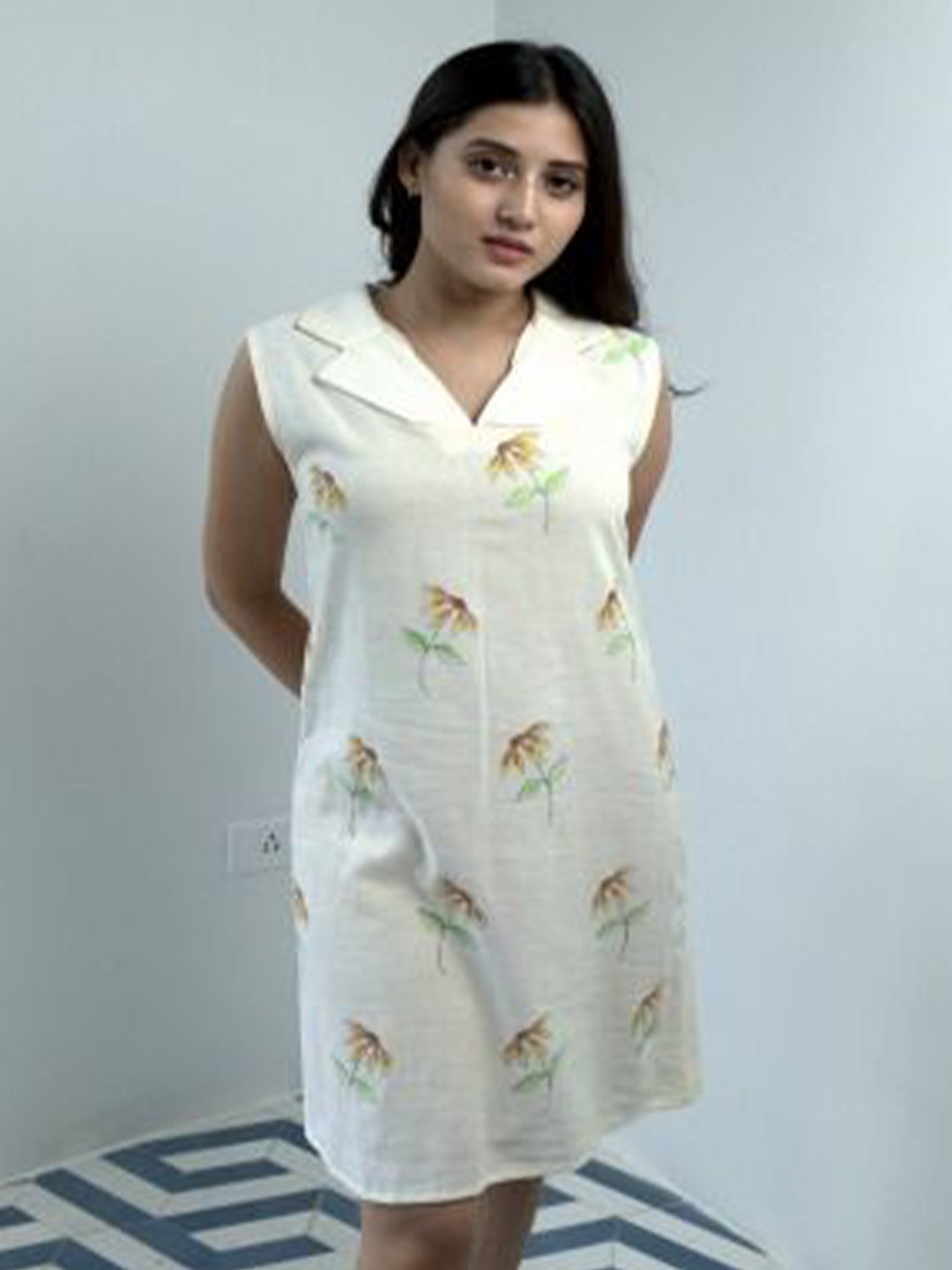 ATTIBO Women Floral Print Shirt Collar Short Sleeves Linen A-Line Dress