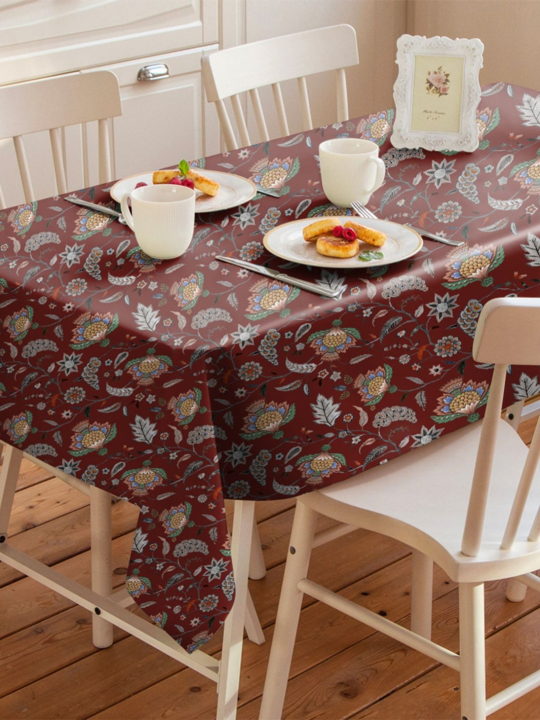 CASABLEU Premium Kasabah Maroon Floral Printed Rectangle 6-Seater Table Covers