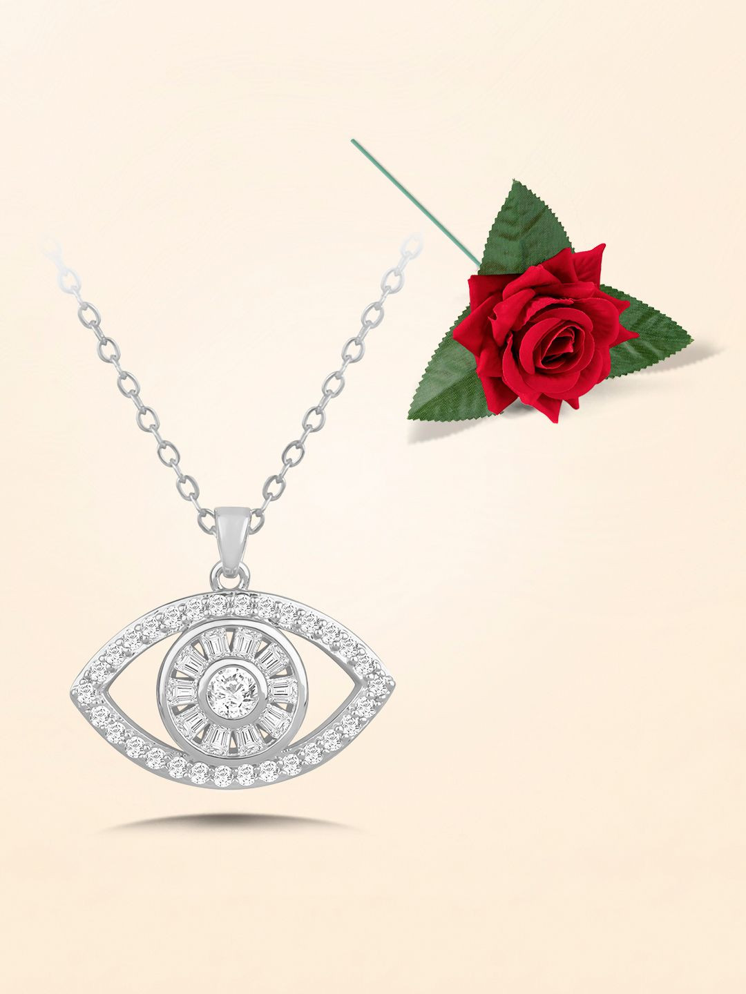 Peora Silver-Plated Eye Cubic Zirconia Studded Eye Shaped Minimal Necklace With Red Rose