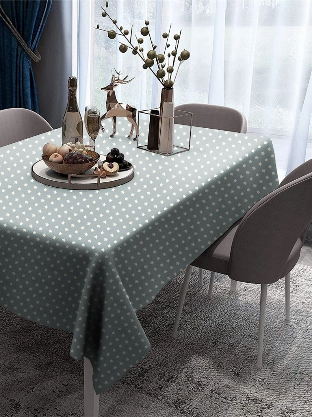 CASABLEU Premium Spring Grey Gallery Star Printed Rectangle 6-Seater Table Covers