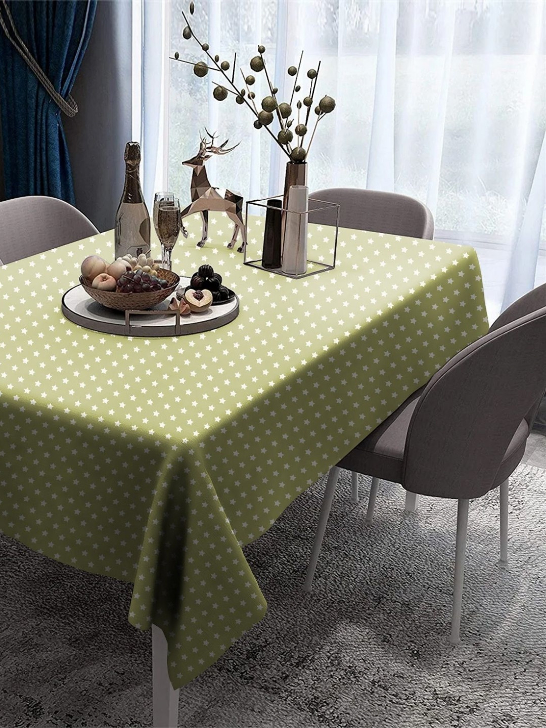 CASABLEU Green & White Star Printed 6 Seater Table Cover