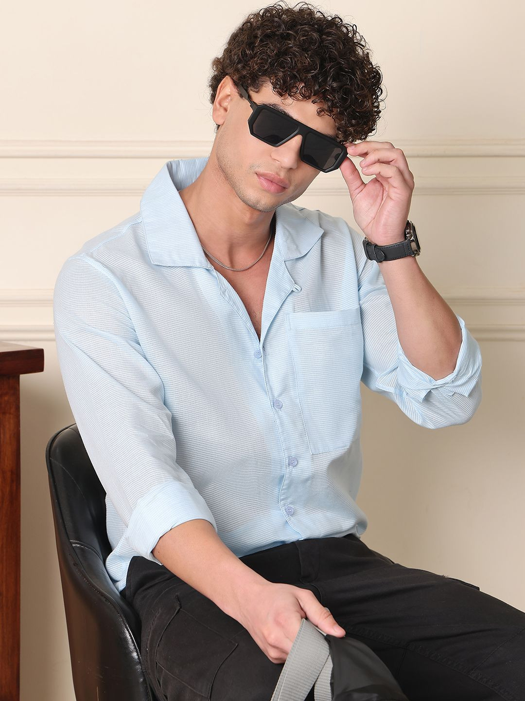 THE BEETEL HOUSE Men Cuban Collar Horizontal Striped Cotton Casual Shirt