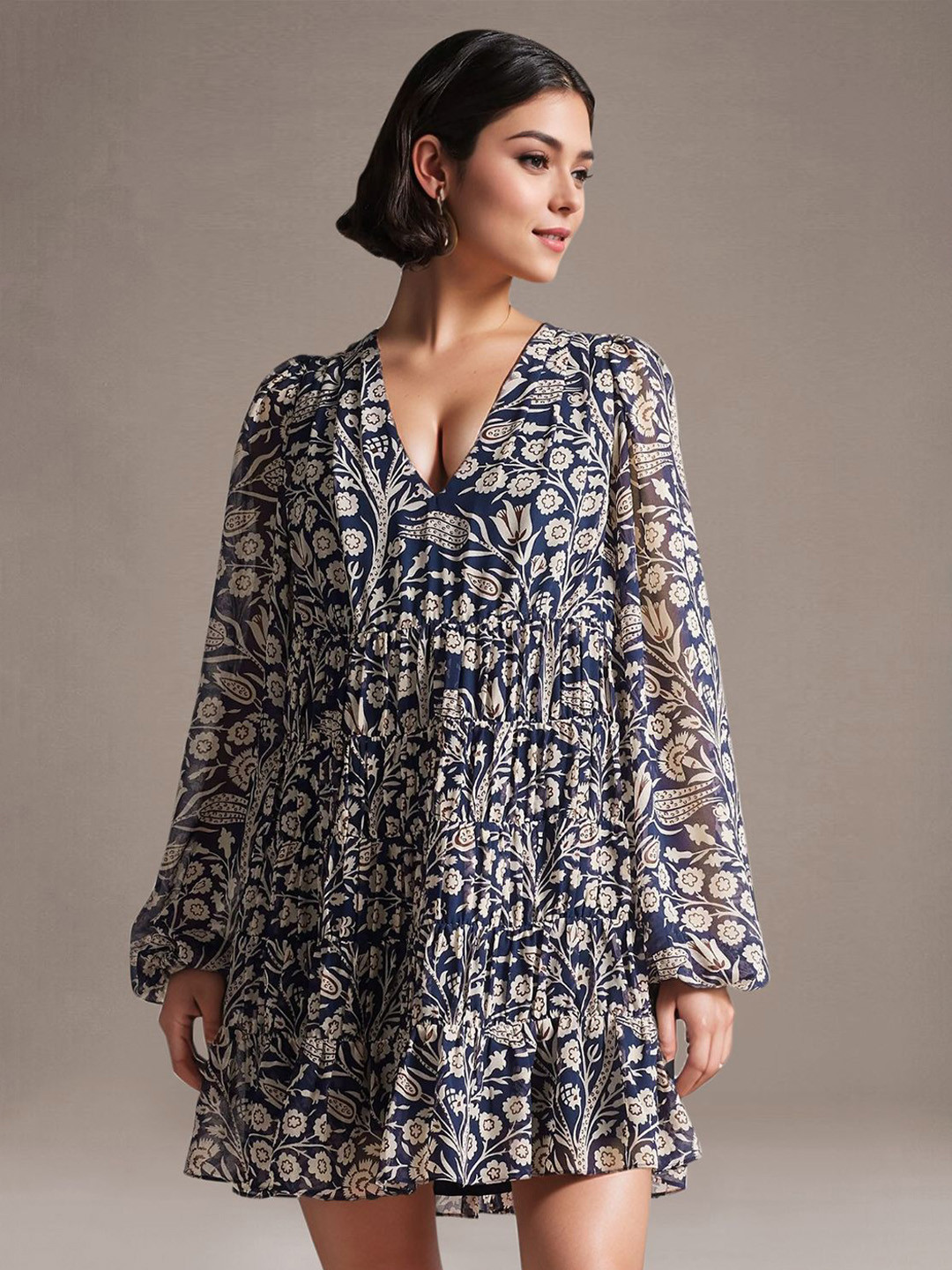 ChicFlick Women Floral Print Puff Sleeve Ruffled Georgette A-Line Mini Dress