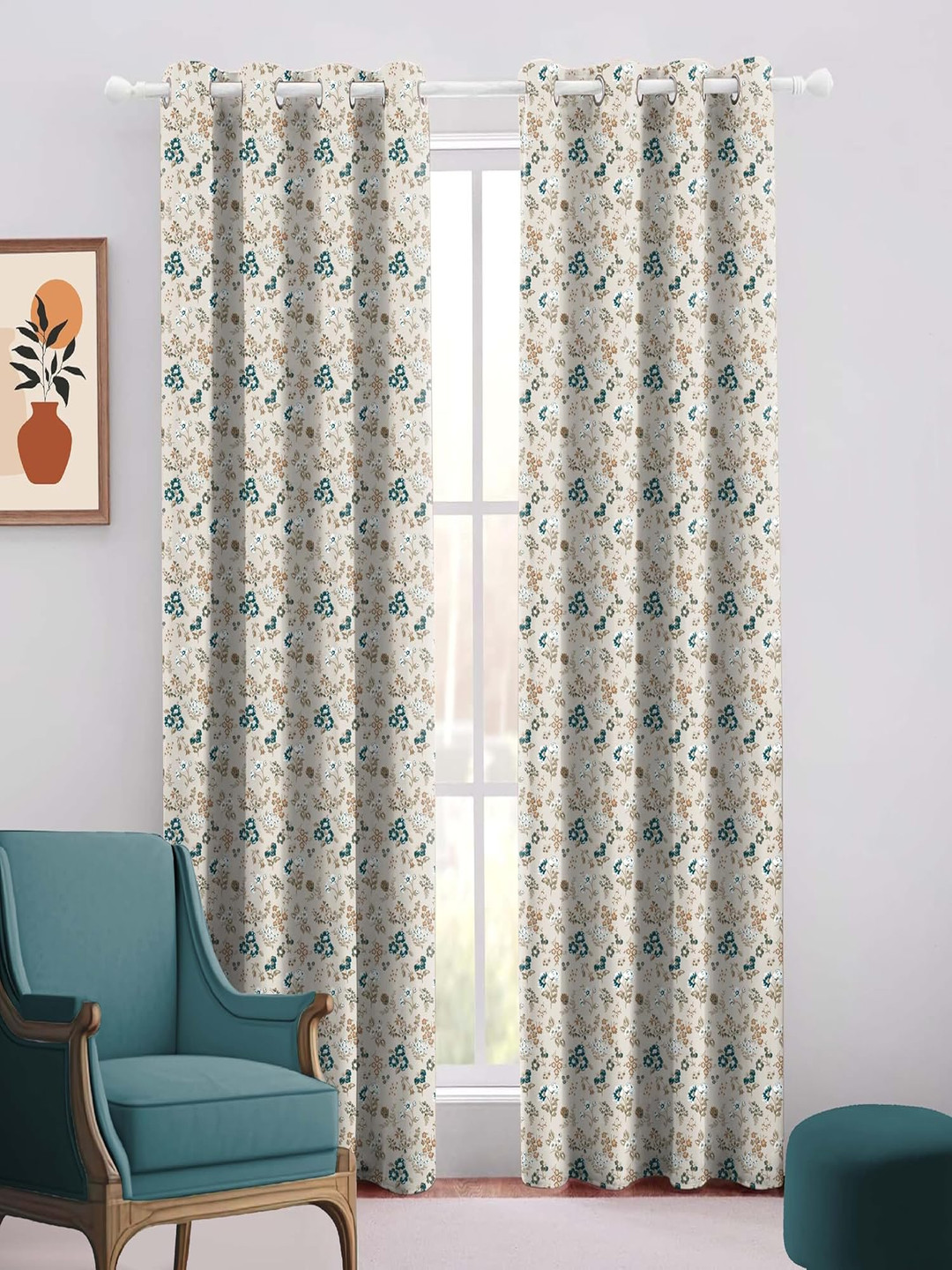Trance Home Linen Beige & Green 2 Pieces Floral Printed Cotton Door Curtains