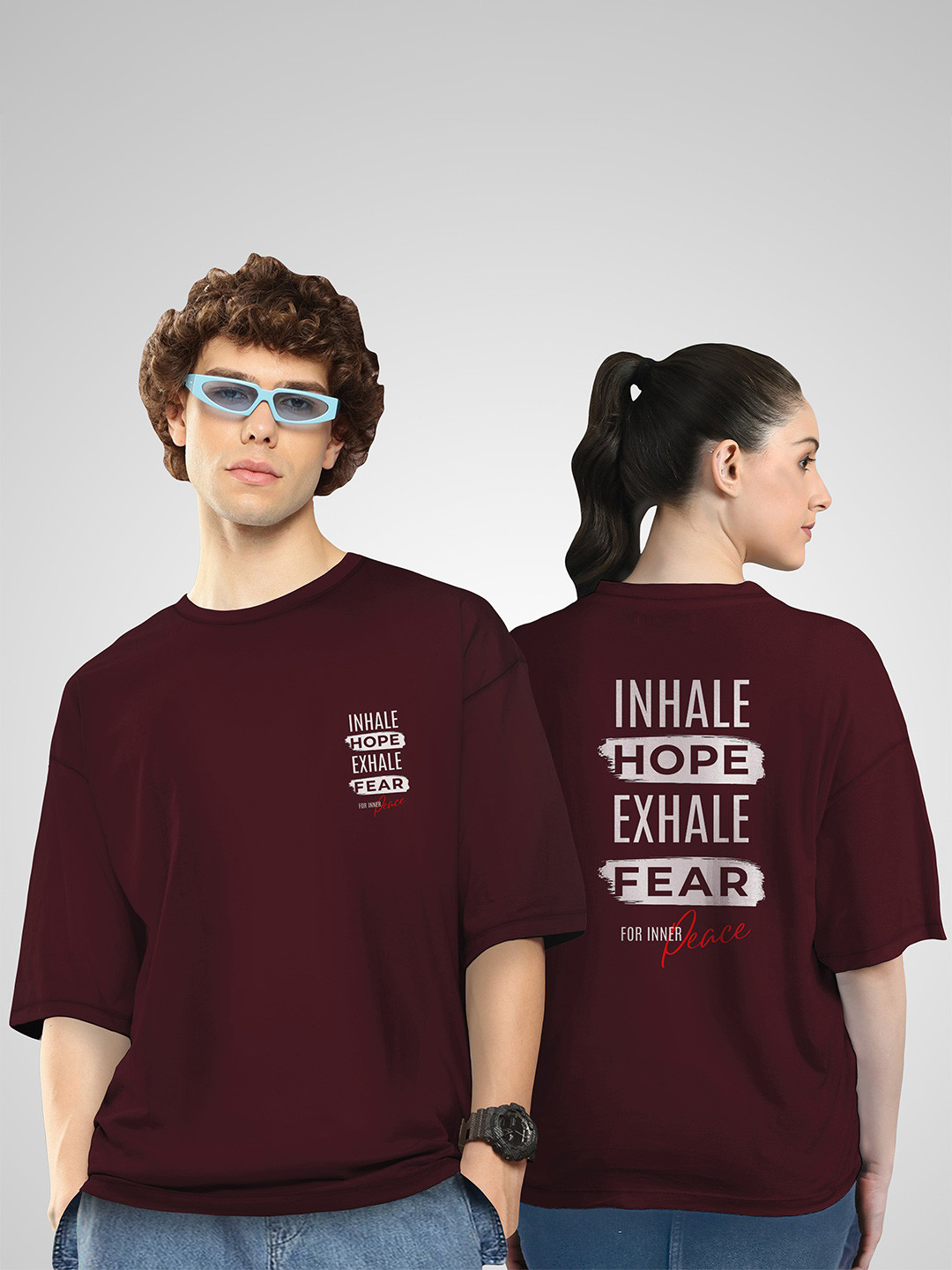 BAESD Unisex Twistform Twinny Zone Pack Of 2 InhaleHope Printed Cotton Oversized T-shirts