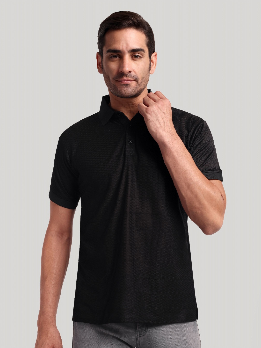 SAKHWALA Men Self Design Polo Collar Slim Fit T-shirt