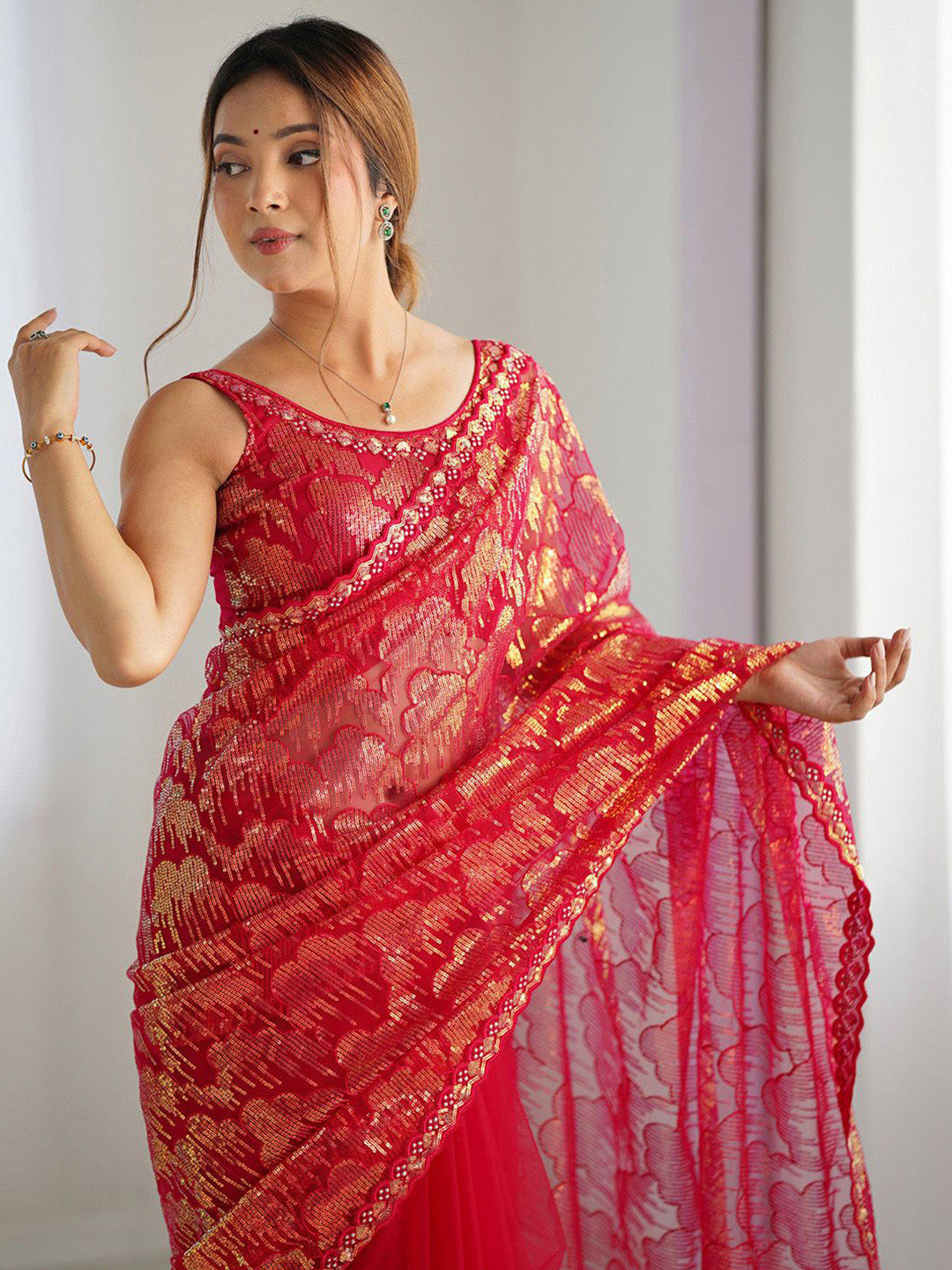 Sangria Sequin Embellished Saree With Blouse Piece