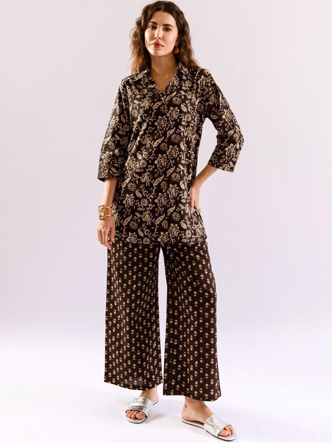 FEATHERS CLOSET Flora Fiesta Pure Cotton Collar Shirt Co-Ord Set