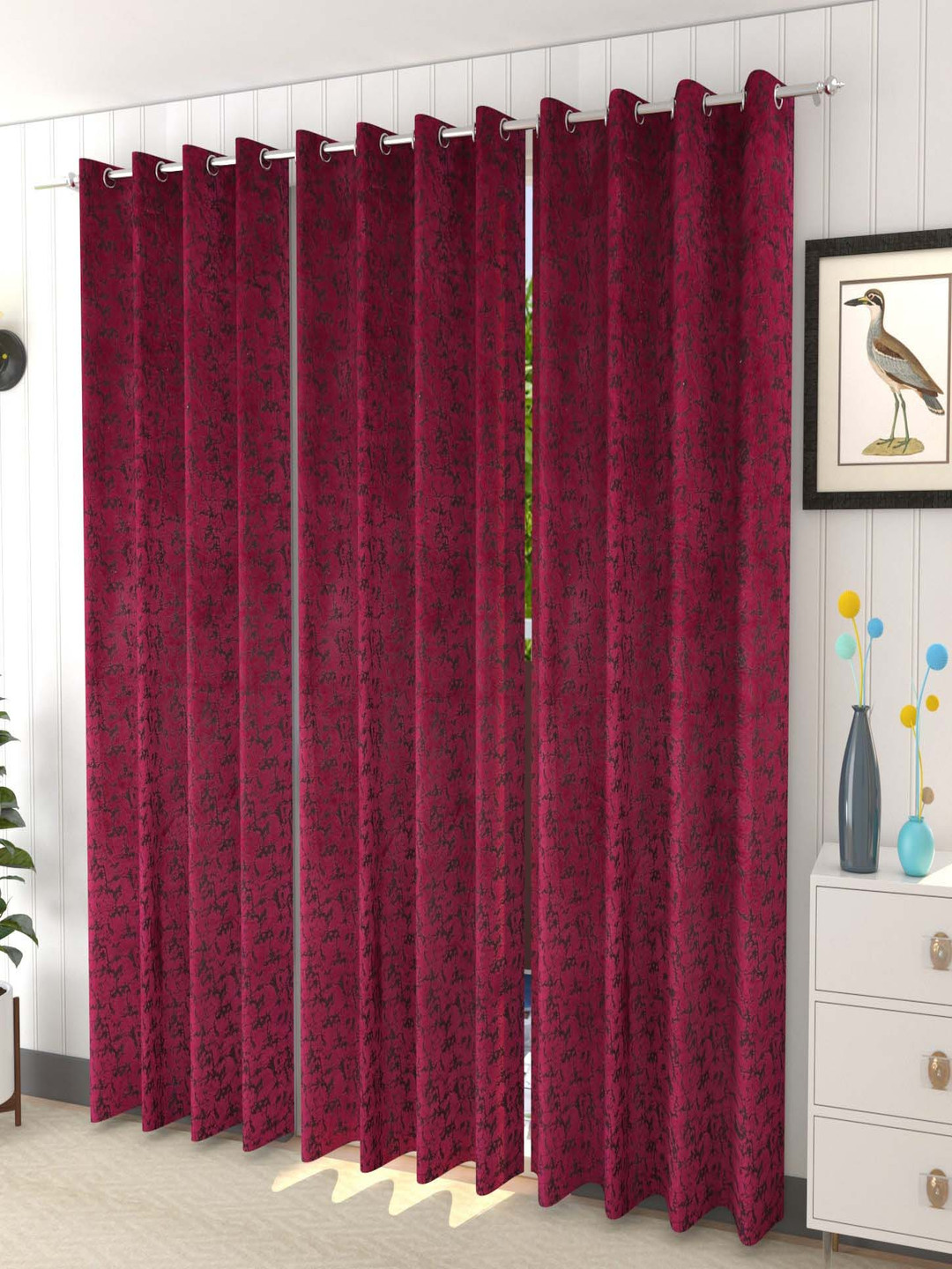 Galaxy Home Decor Burgundy and Black 3 Pieces Abstract Printed Velvet Window Curtains