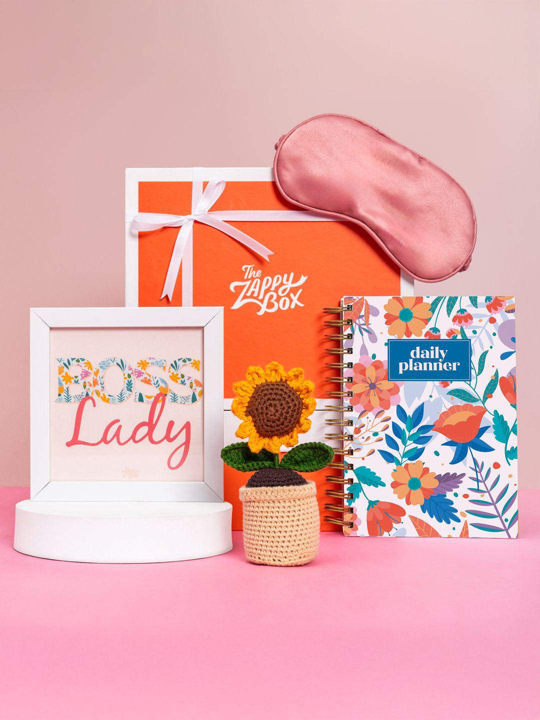 The Zappy Box White 4 Pieces Satin Eye Mask With Sunflower Pot Frame & Planner Gift Set