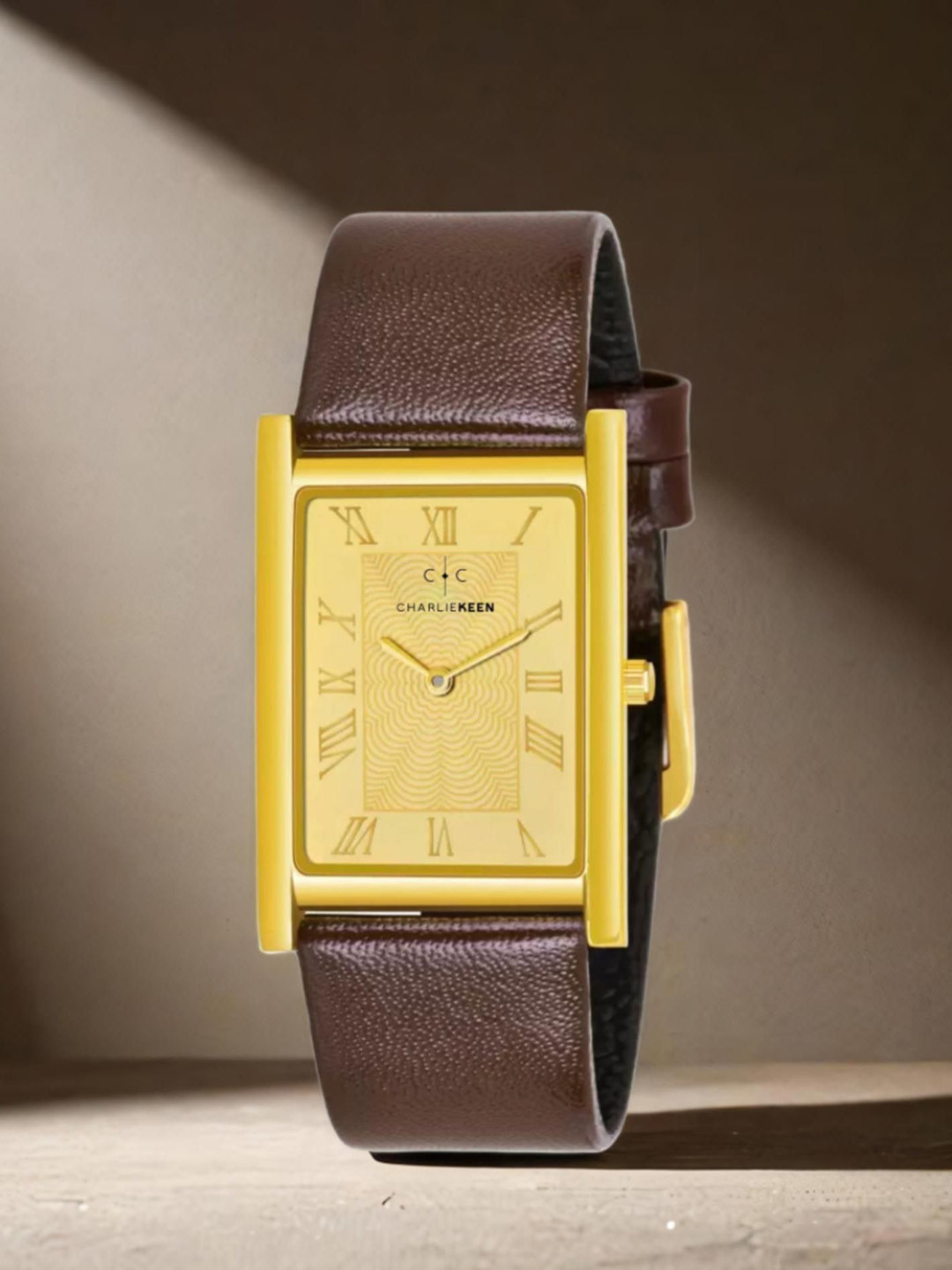 CHARLIEKEEN Men Brass Square Dial & Leather Straps Analogue Watch CC-GSQ214-GLD-GLD