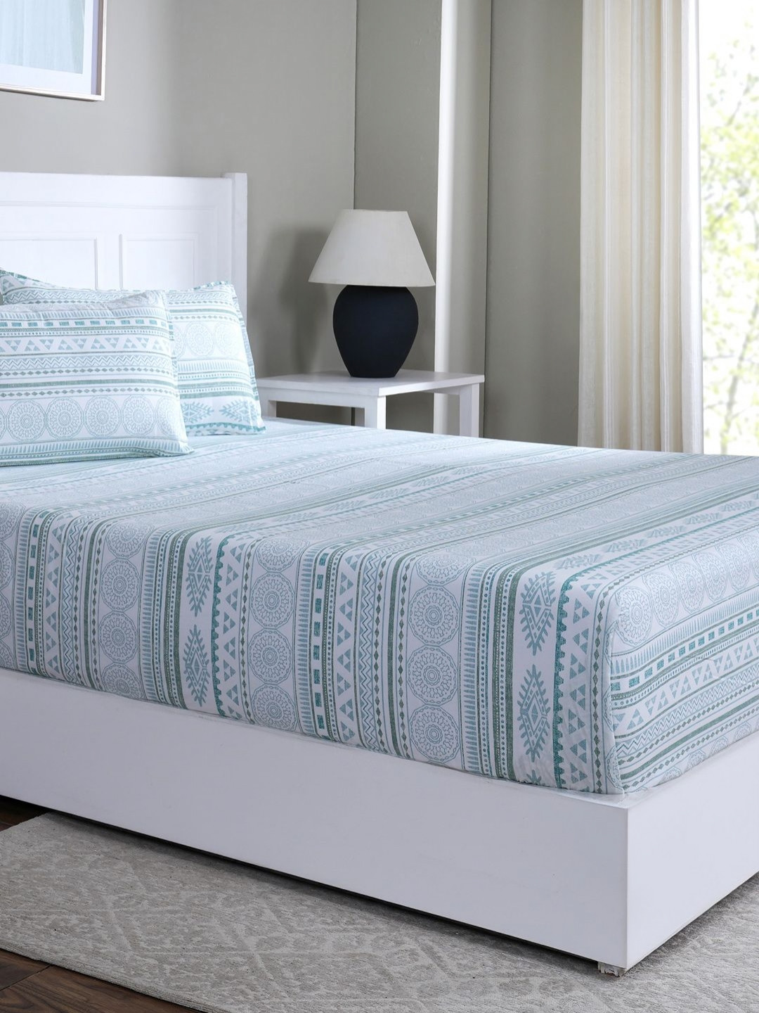 MASPAR Majestic Teal Ethnic Motifs Cotton 144 TC Double Fine Bedsheet with 2 Pillow Covers-275 x 224 cm