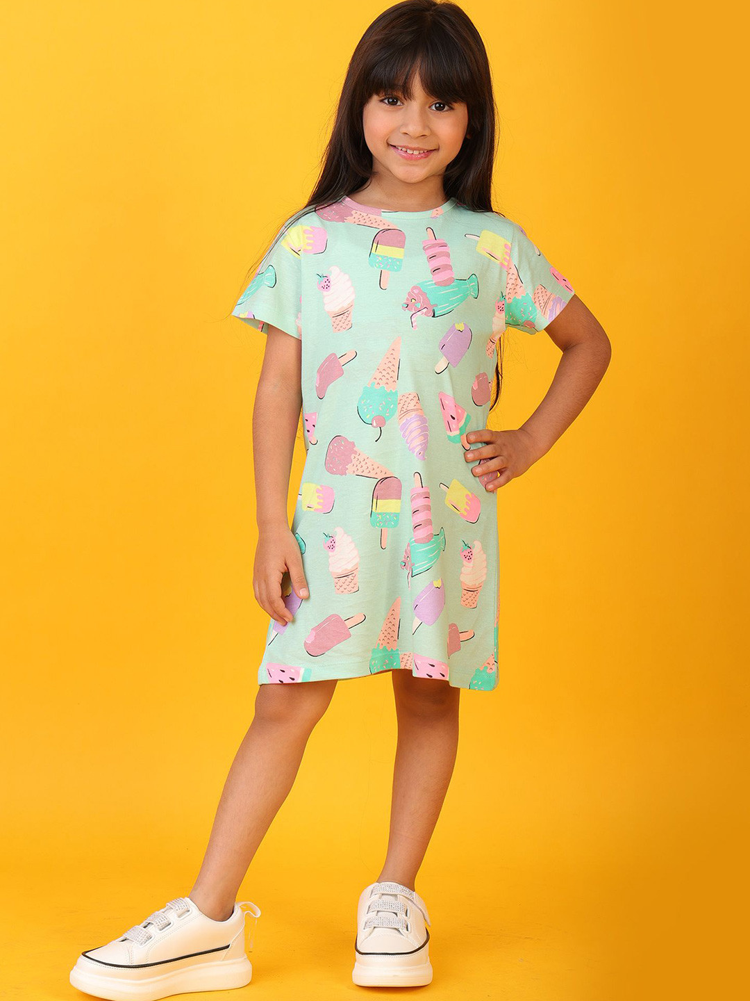 Anthrilo Girl's Icecream Aqua Print A-Line Dress