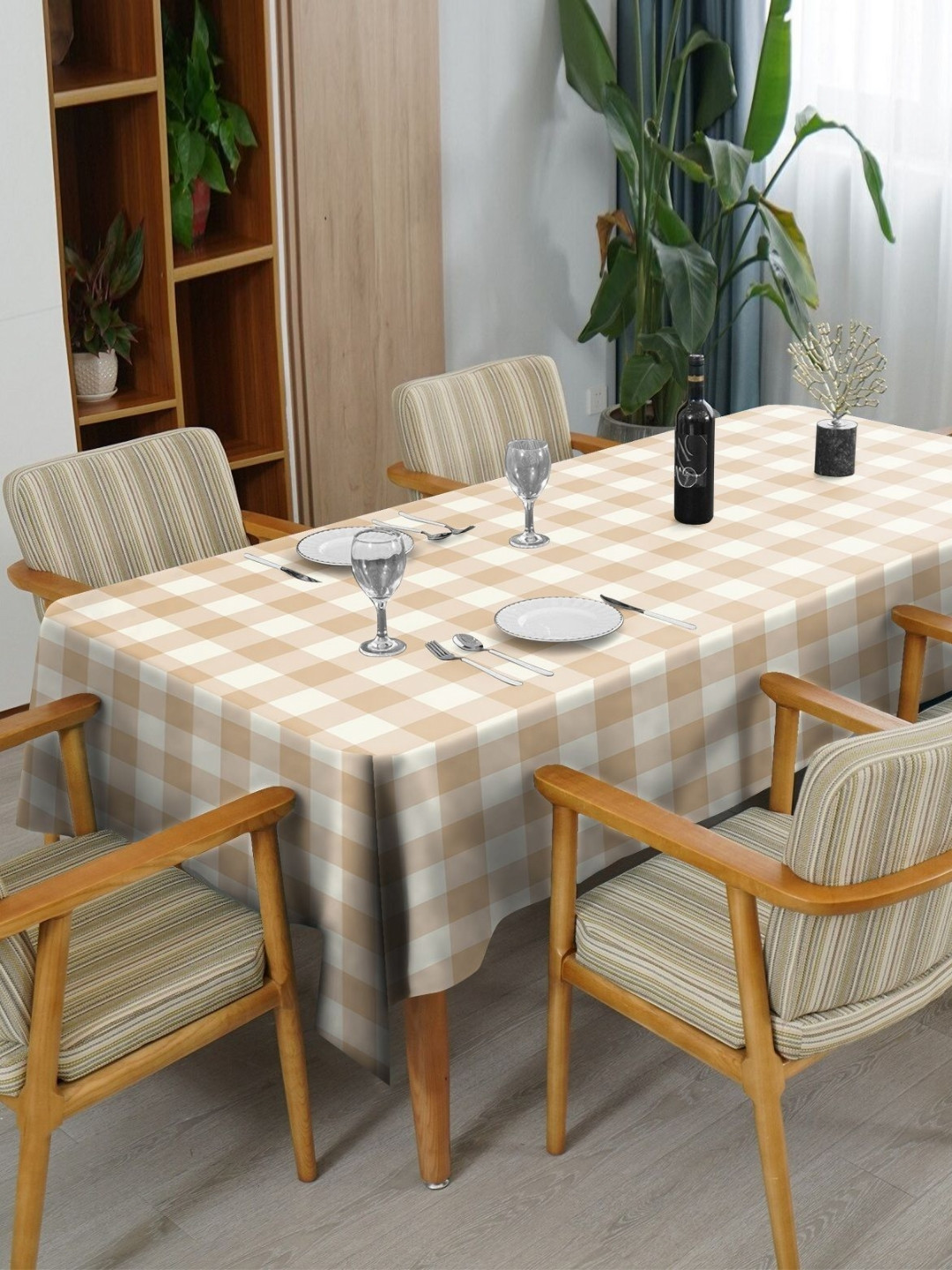 CASABLEU Premium Spring Brown Geometric Printed Rectangle 6-Seater Table Covers