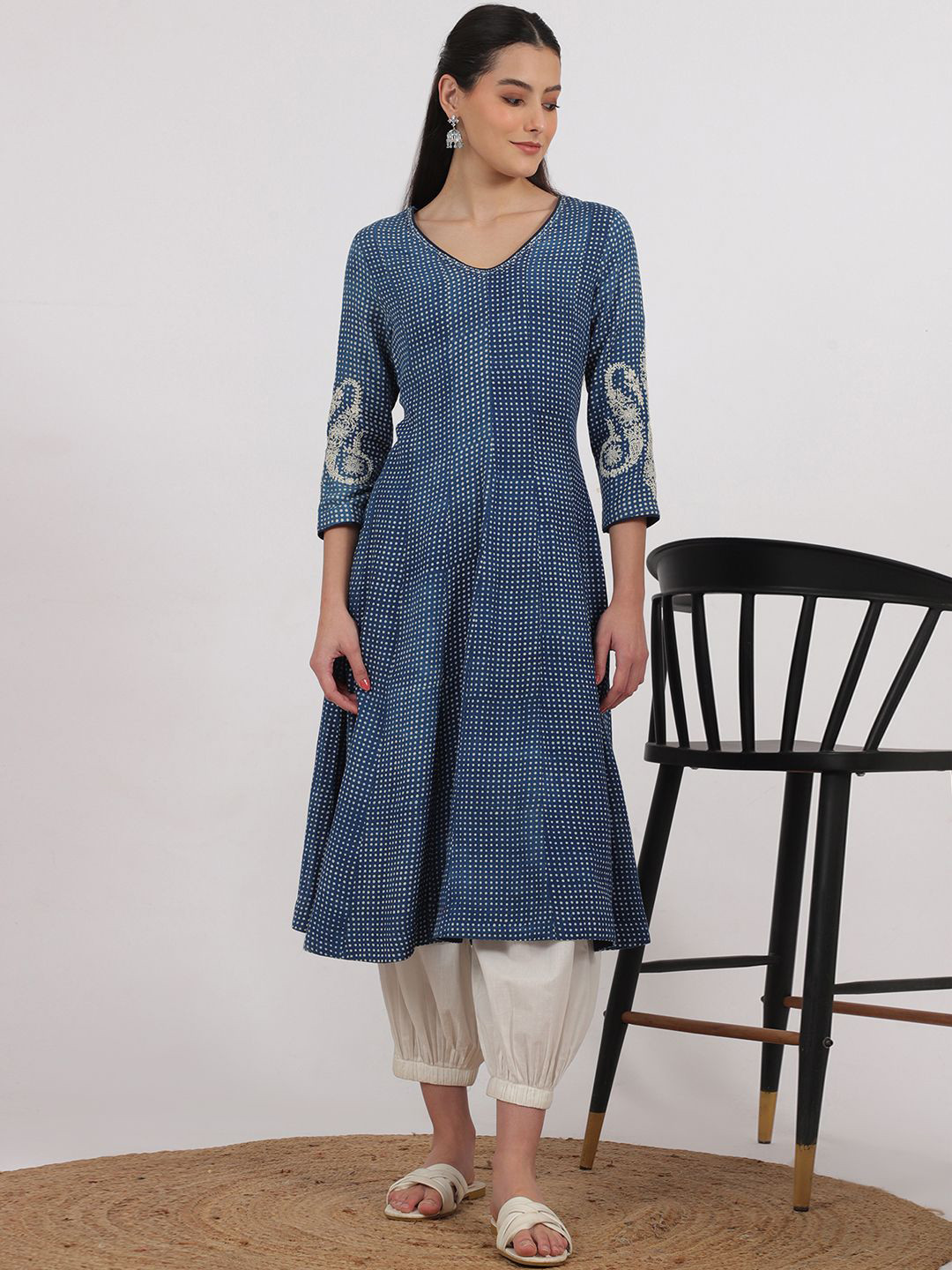 Folk Song Geometric Printed V-Neck Thread Work Handblock Print Cotton A-Line Kurta