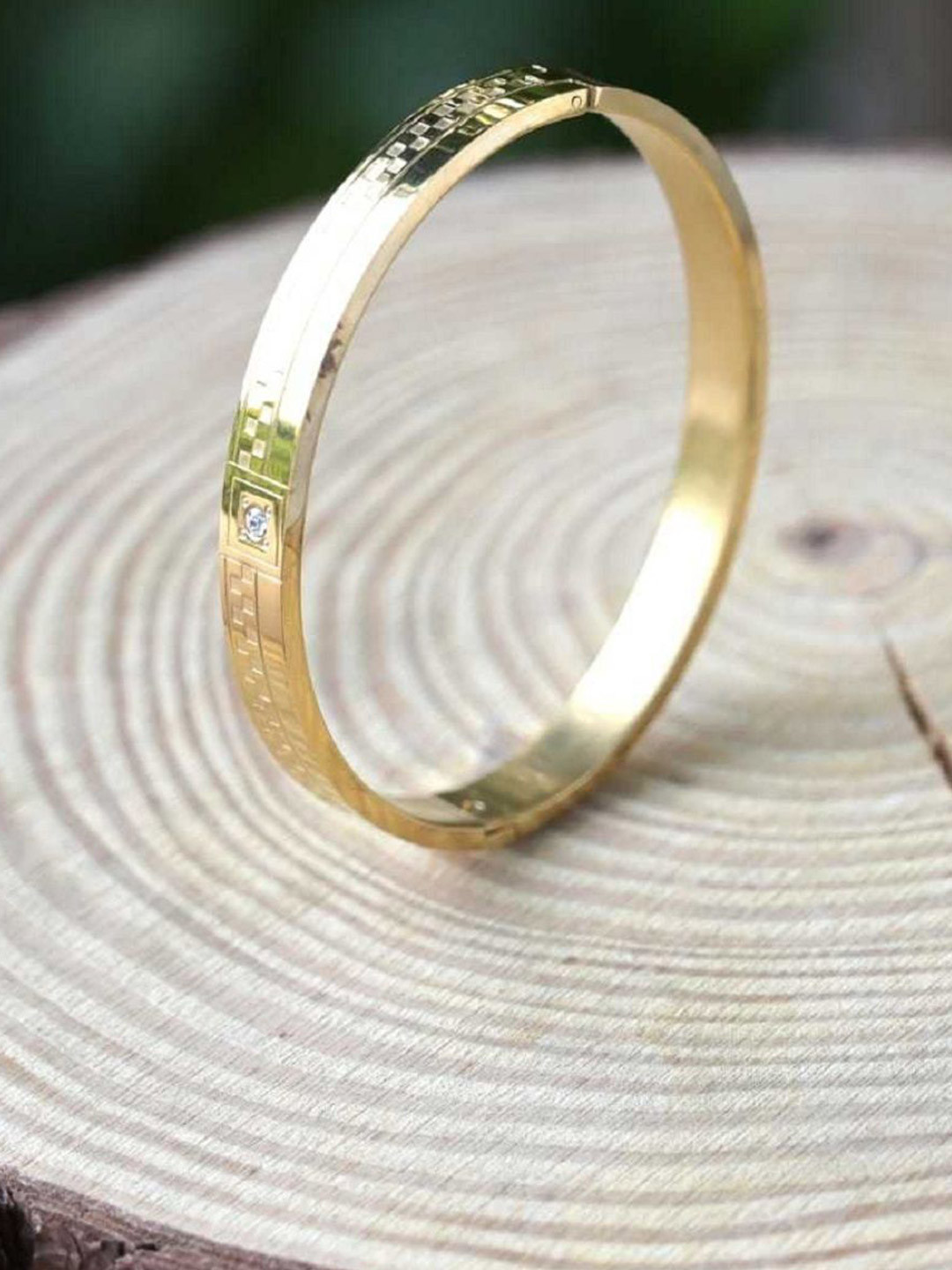 SZN Men Gold-Plated Stainless Steel American Diamond Studded Kada Bracelet