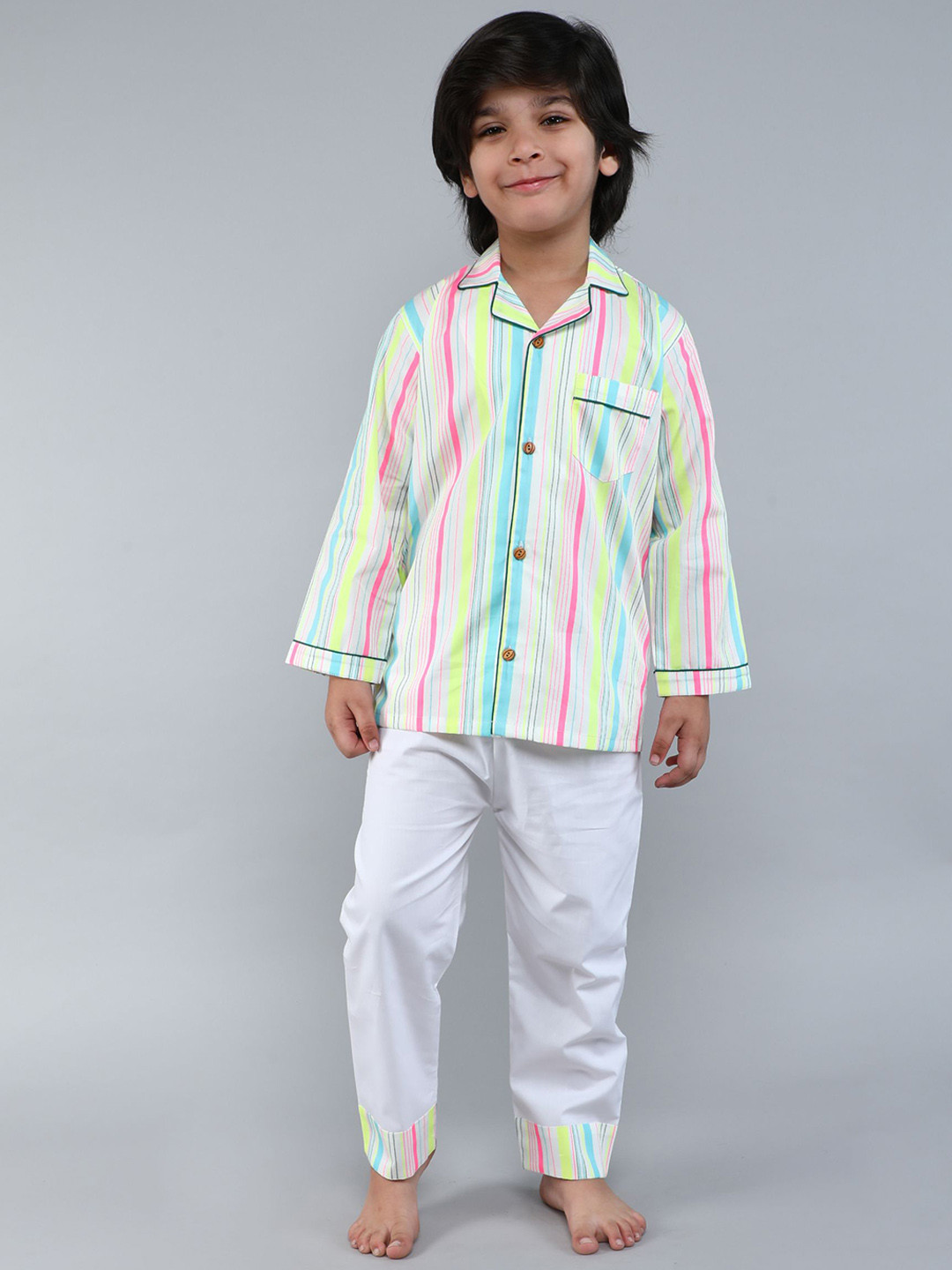 Little Clothings Boys Printed shirt paired with a solid pajama set