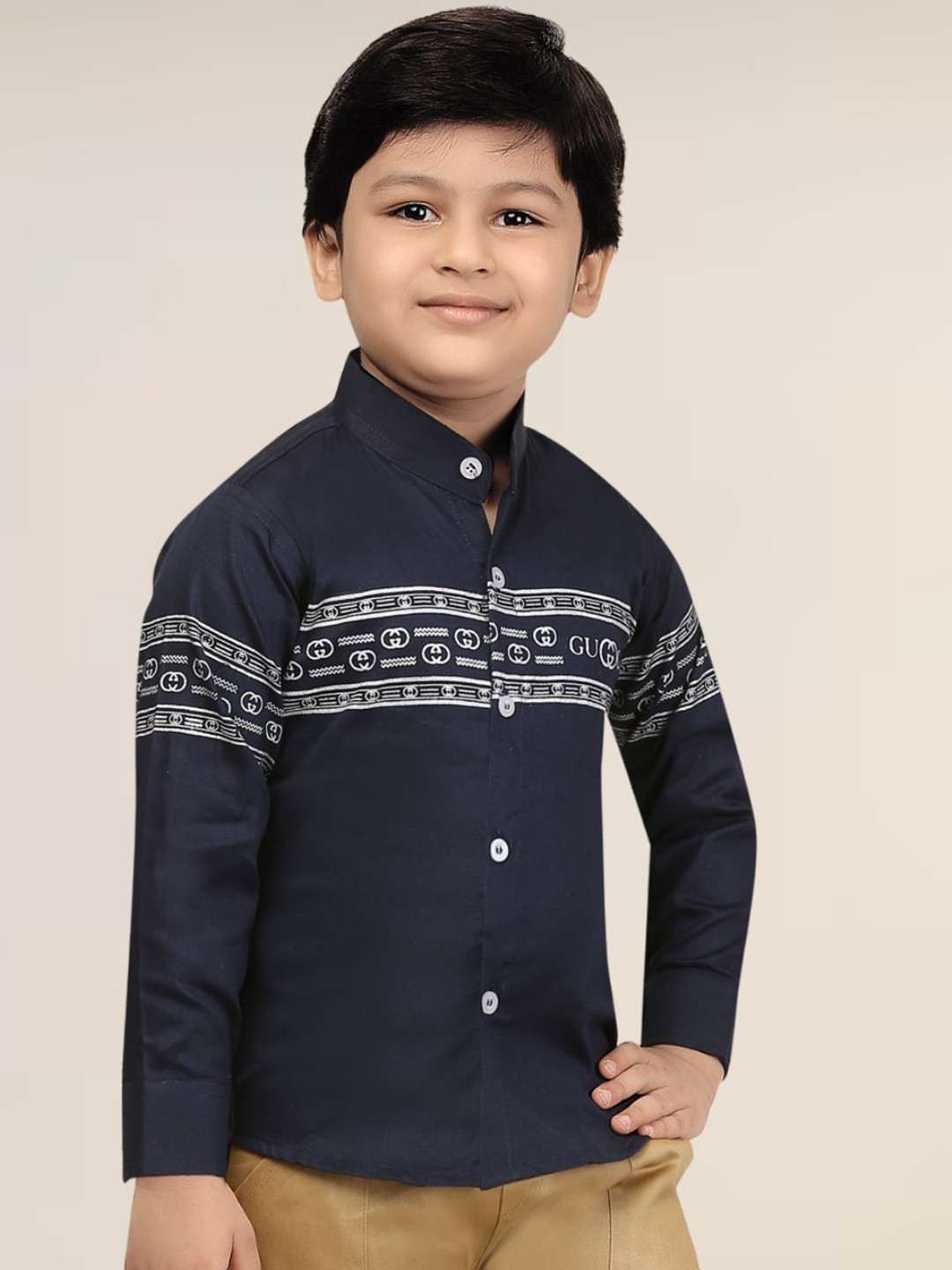 FASHION GRAB Boys Classic Regular Fit Band Collar Horizontal Striped Cotton Casual Shirt