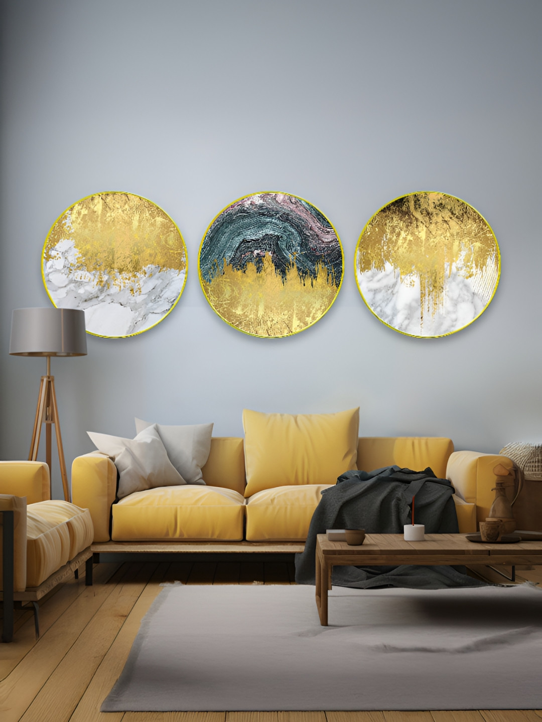 The Castle Decor 3 Piece Grey & Gold tone Abstract Wooden Wall Art