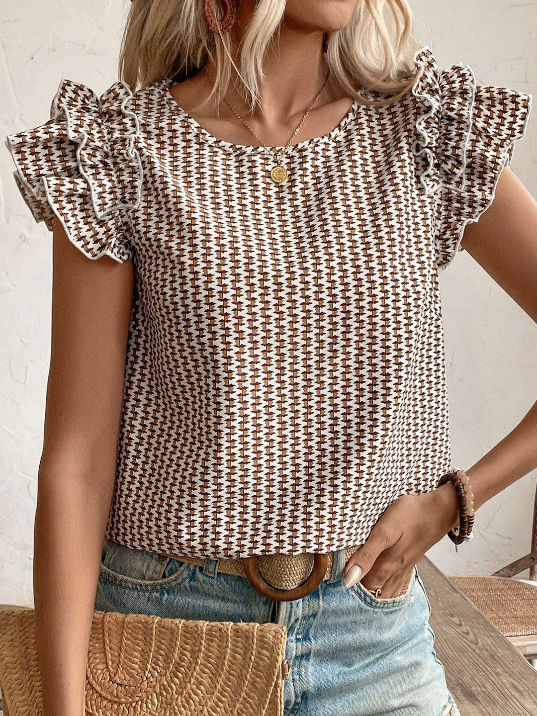 Outzidr Geometric Print Sleeve Ruffle Boxy Top