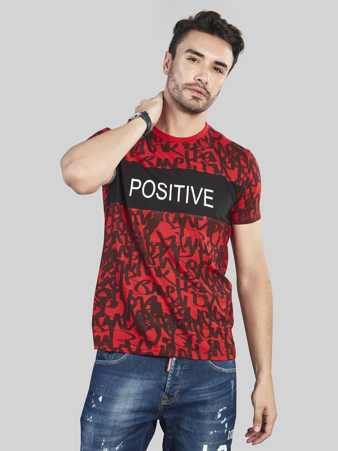BE POSITIVE Men Typography Printed Round Neck Cotton T-shirt