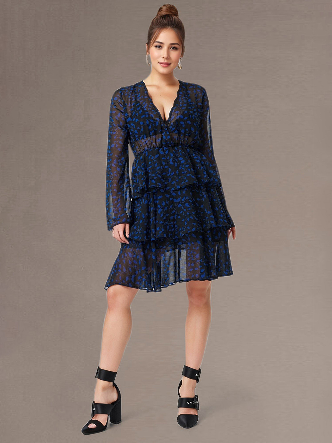 ChicFlick Women Floral Printed Plunge Neck Layered Tiered Fit & Flare Dress