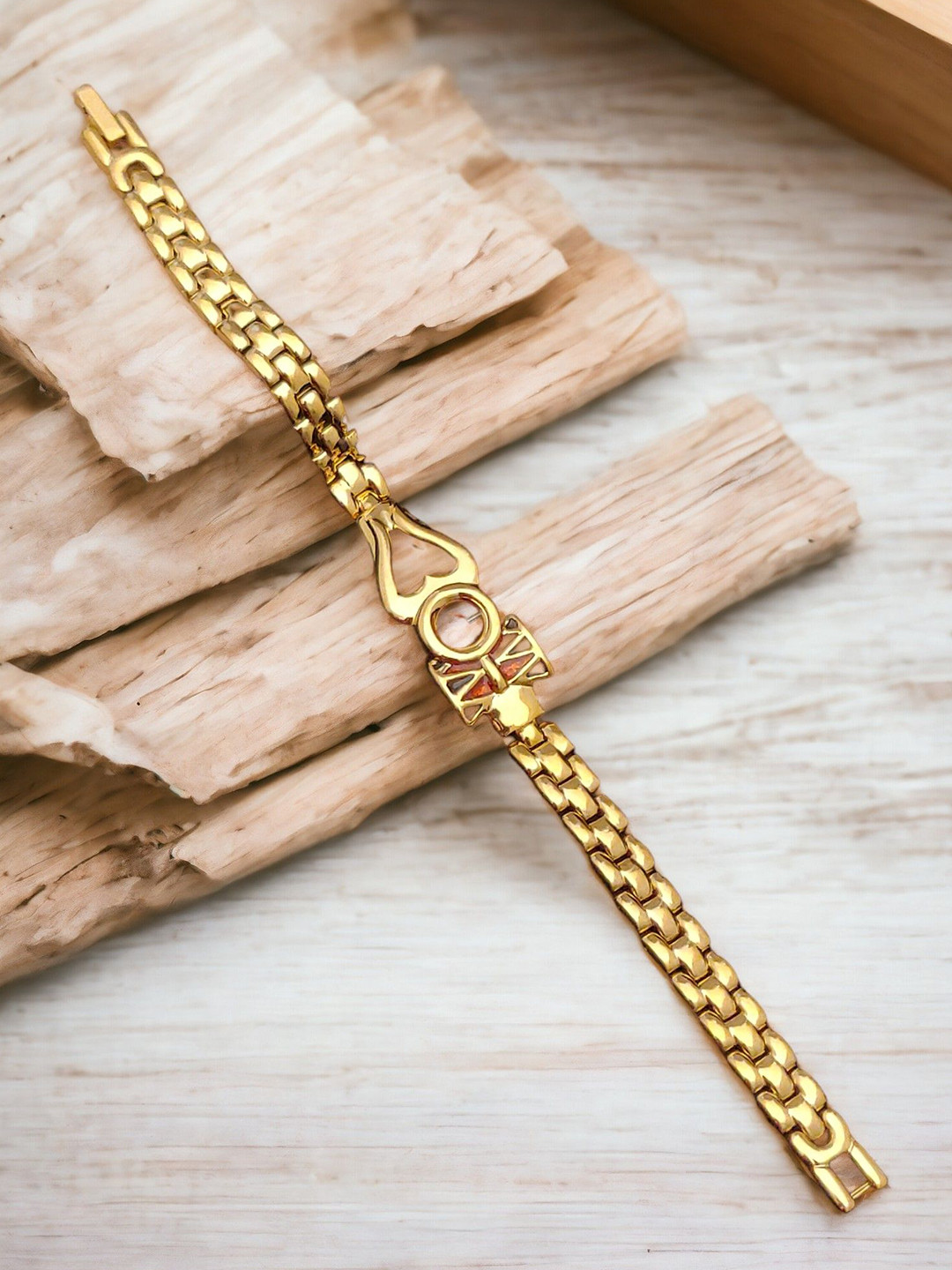 SZN Men Stainless Steel Gold-Plated Shiv Damru Link Bracelet