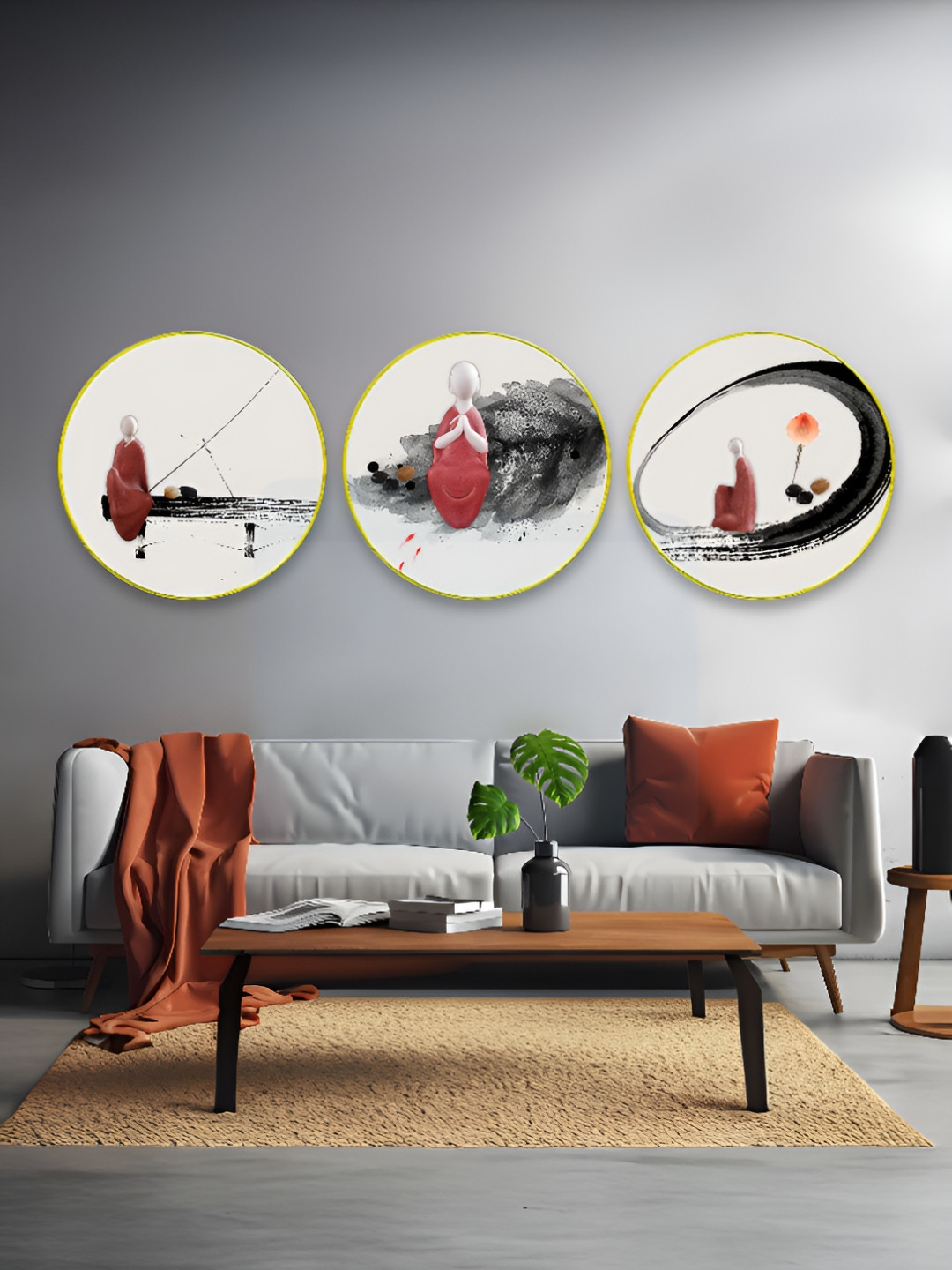 The Castle Decor Abstract Sparkle Wood 3 Piece Round Paintings Wall Art-24 x 24In