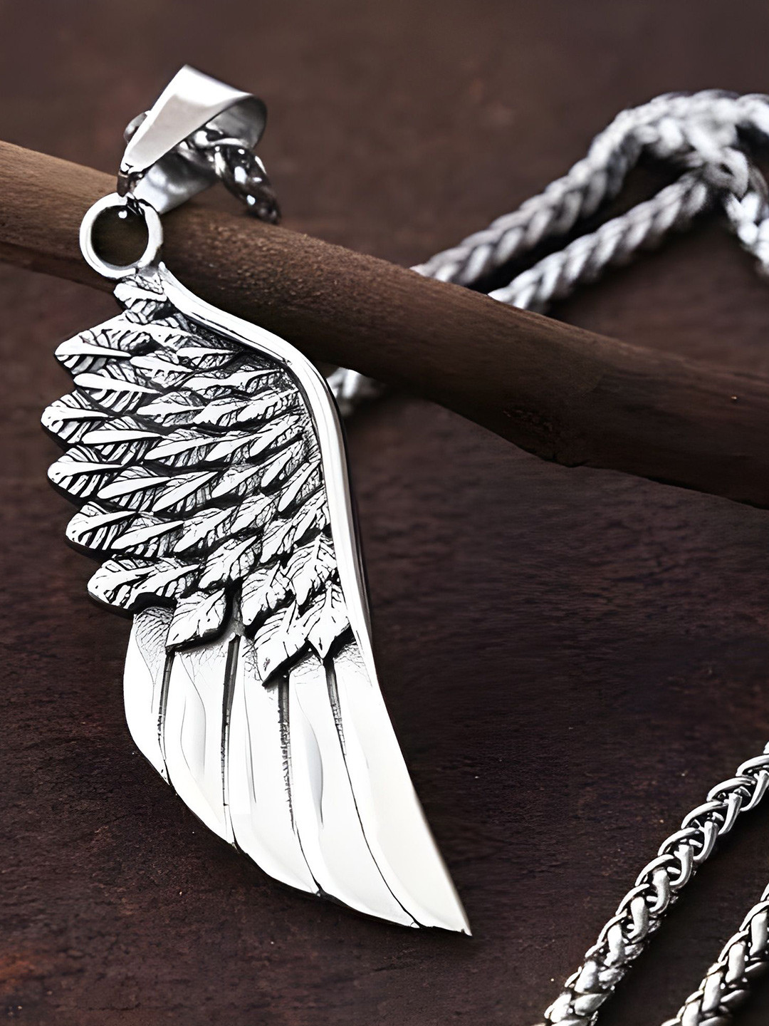 The Roadster Lifestyle Co Men Sterling Silver-Plated Angel Wing Feather Pendant With Chain