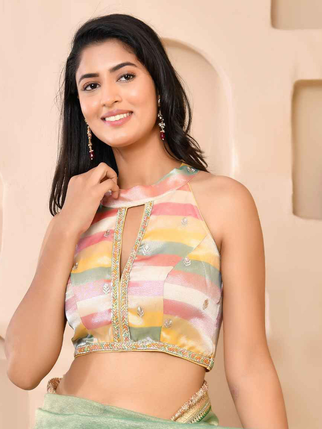 Amodini Women Designer Studio Embroidered Keyhole Neck Sleeveless Padded Saree Blouse