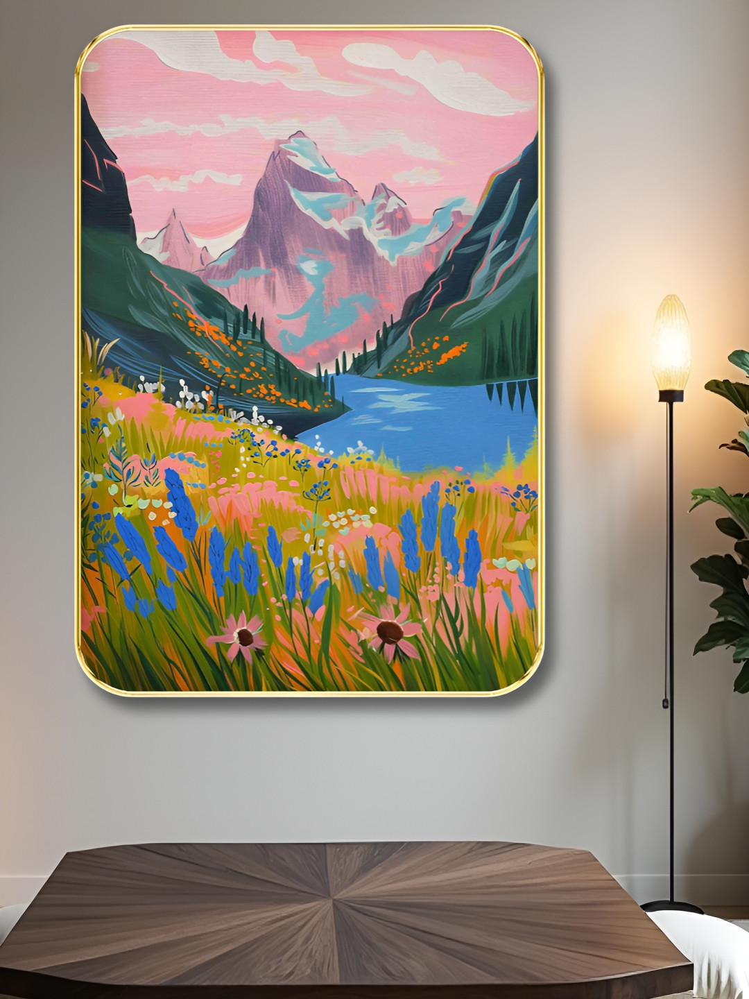 Myntra Elegant Homes Green & Pink Floral And Botanical Printed Wood Mountain Wall Art