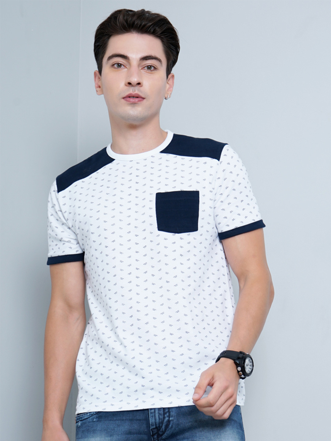 White & Blue Conversational Printed Round Neck T-shirt