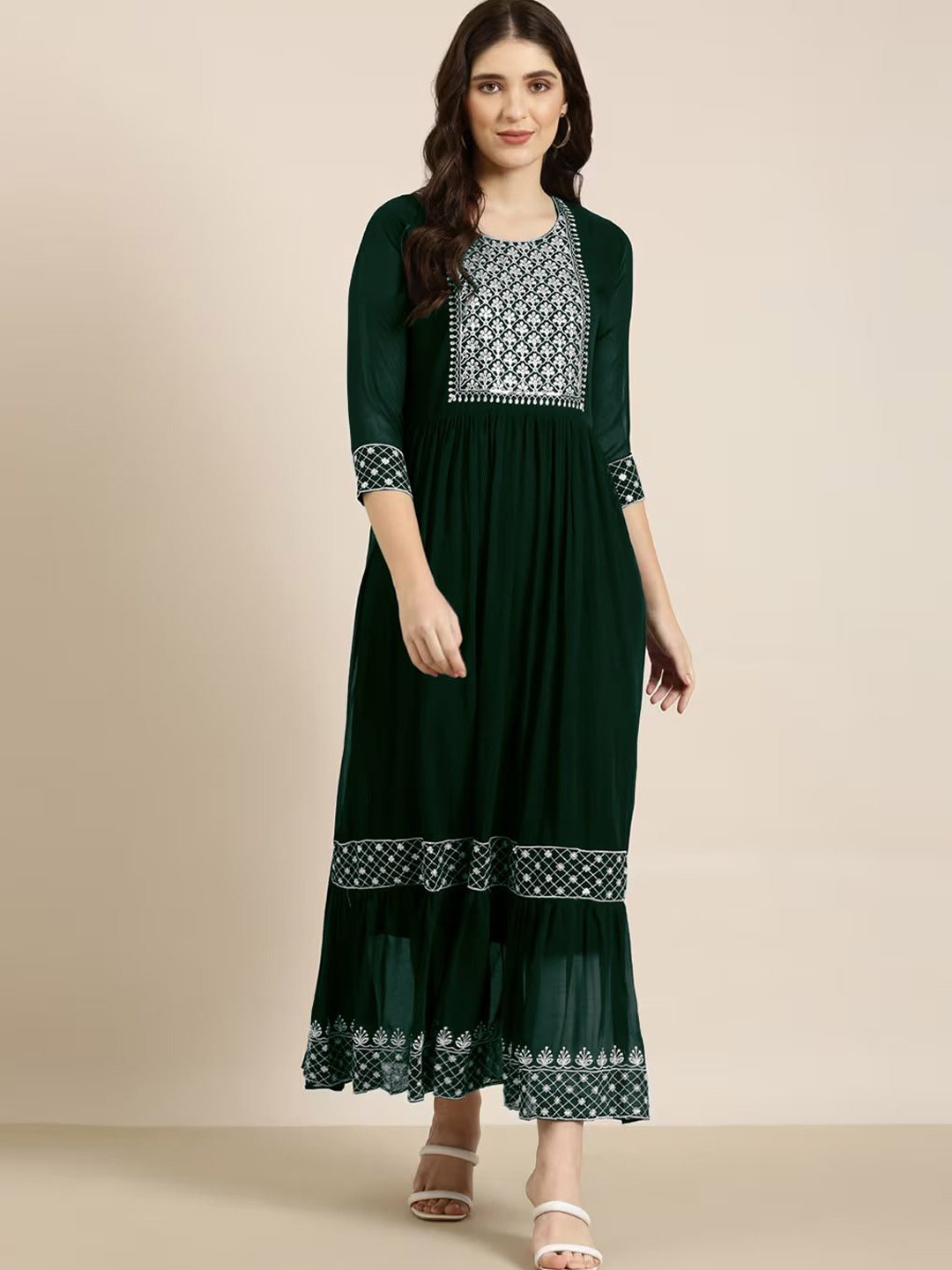 BINDUDI Women Embroidered Georgette Maxi A-Line Ethnic Dresses