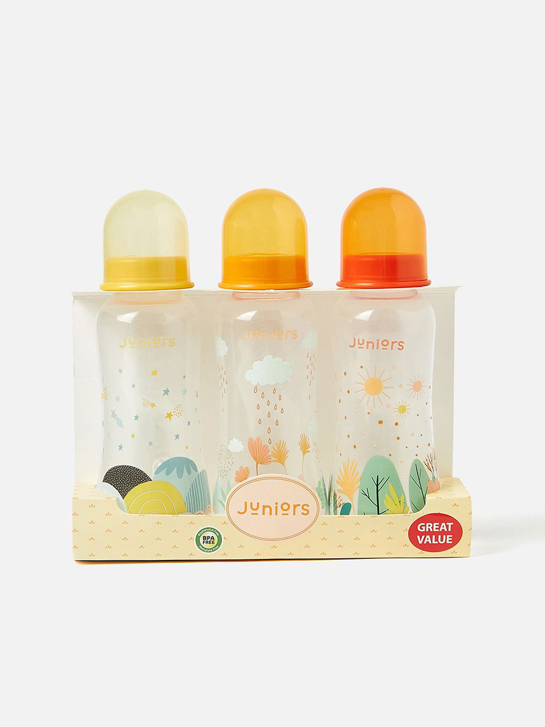 Juniors by Babyshop Kids 3-Pcs Transparent & Orange-Colored Printed Feeding Bottle - 250ml