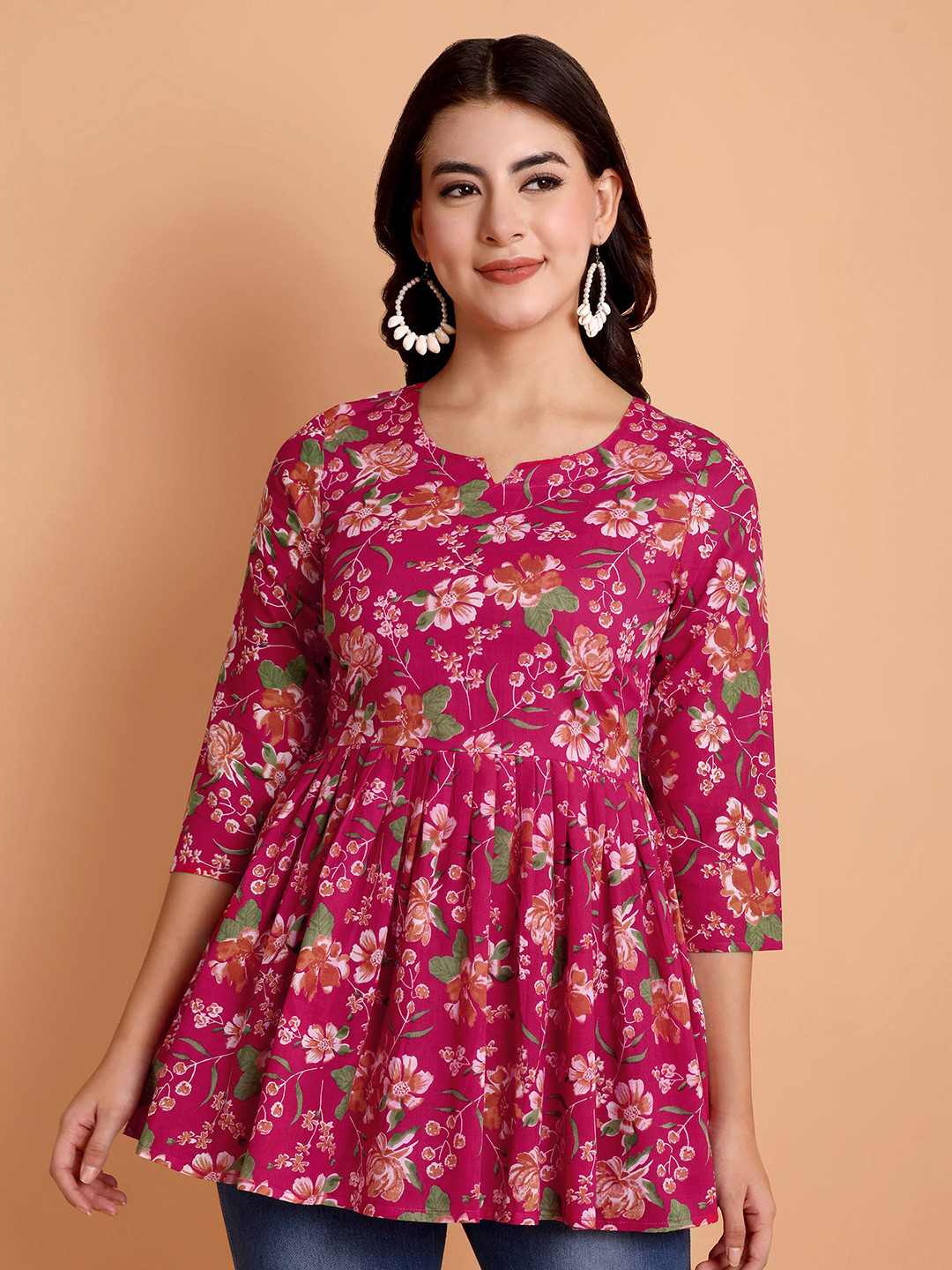 RI AND SU Women Floral Print V-Neck Three Quarter Sleeves Cotton Top