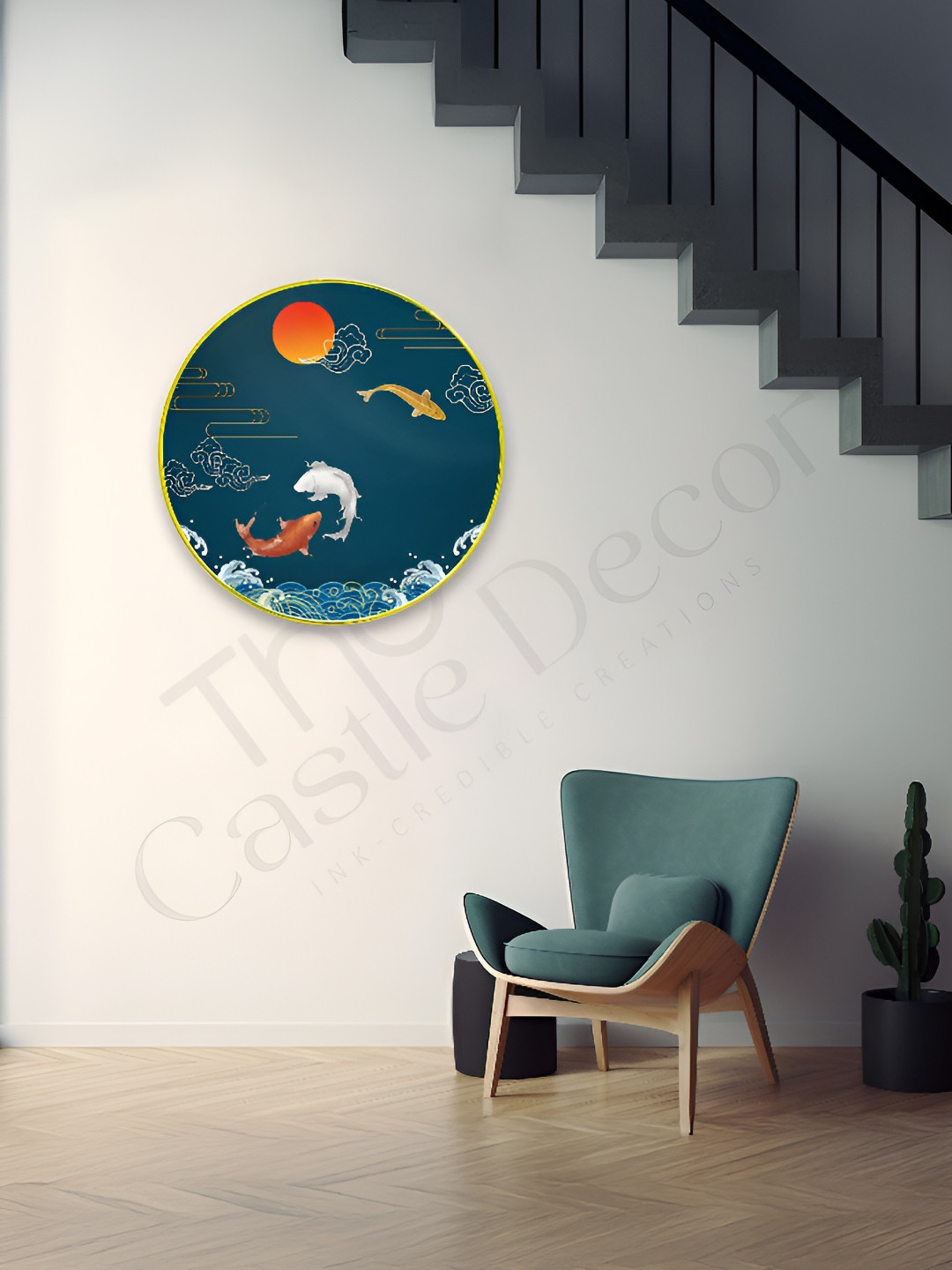 The Castle Decor Green & Orange Fishes Sparkle Wooden Wall Art