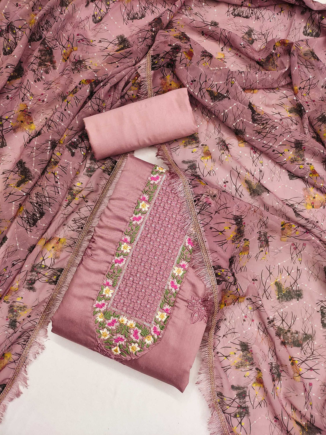 LeeliPeeri Designer Floral Embroidered Cotton Silk Thread Work Unstitched Dress Material