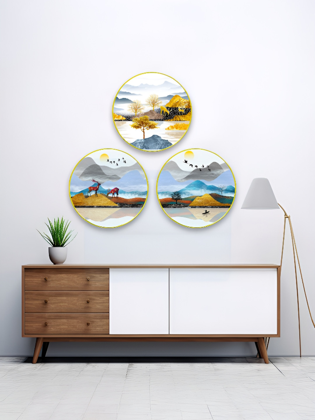 The Castle Decor 3 Piece Brown & Blue Floral and Botanical Wooden Wall Art