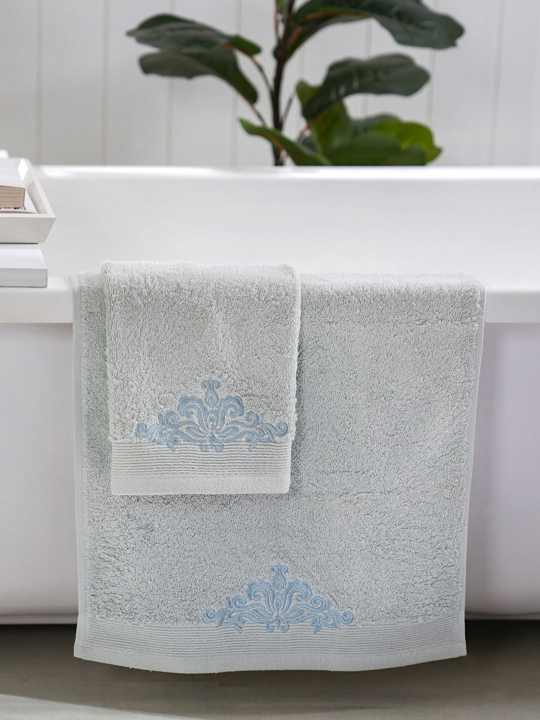 MASPAR Blue 2 Pieces Embroidery Pure Cotton Anti-Bacterial & Lint-Free Hand Towels