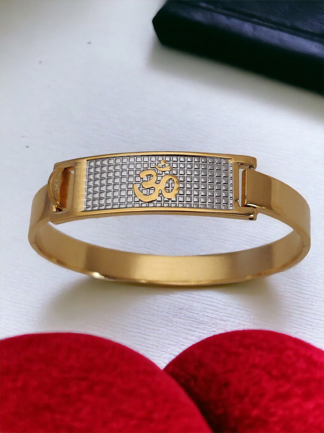 SZN Men Stainless Steel Gold-Plated American Diamond Studded Om Design Kada Bracelet