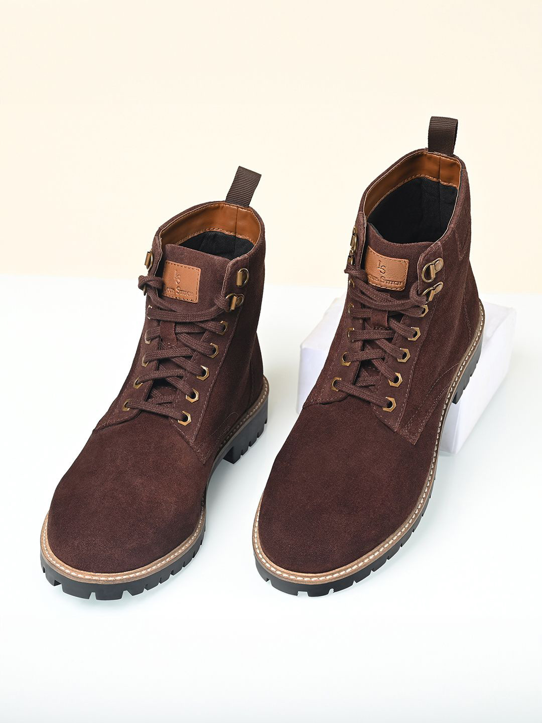 LOUIS STITCH Men Round Toe Lace-Ups Biker Boots