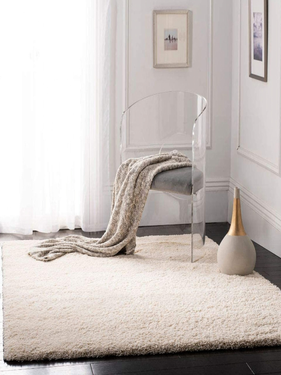 CARPETIFY White Shaggy Anti-Skid Carpet