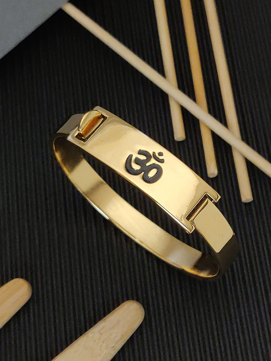 SZN Men Stainless Steel Gold-Plated Om Bangle-Style Bracelet
