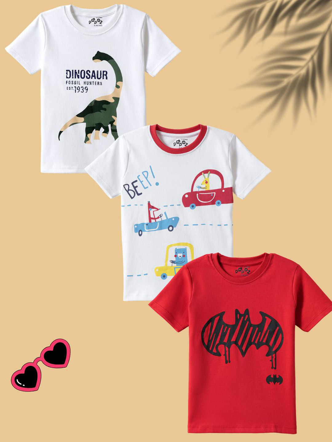 Desi Soota Kids Pack Of 3 Dinosaur Car Batman Printed Round Neck Cotton T-shirts